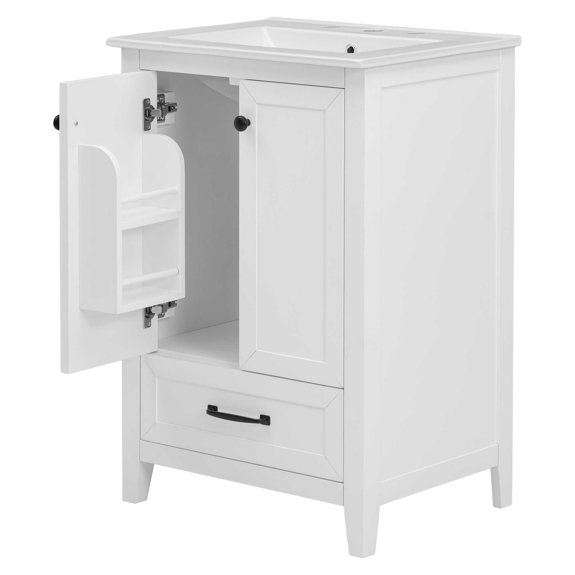 24" Bathroom Vanity with Sink, Bathroom Vanity Cabinet with One Drawer and Doors, Solid Wood and MDF, White