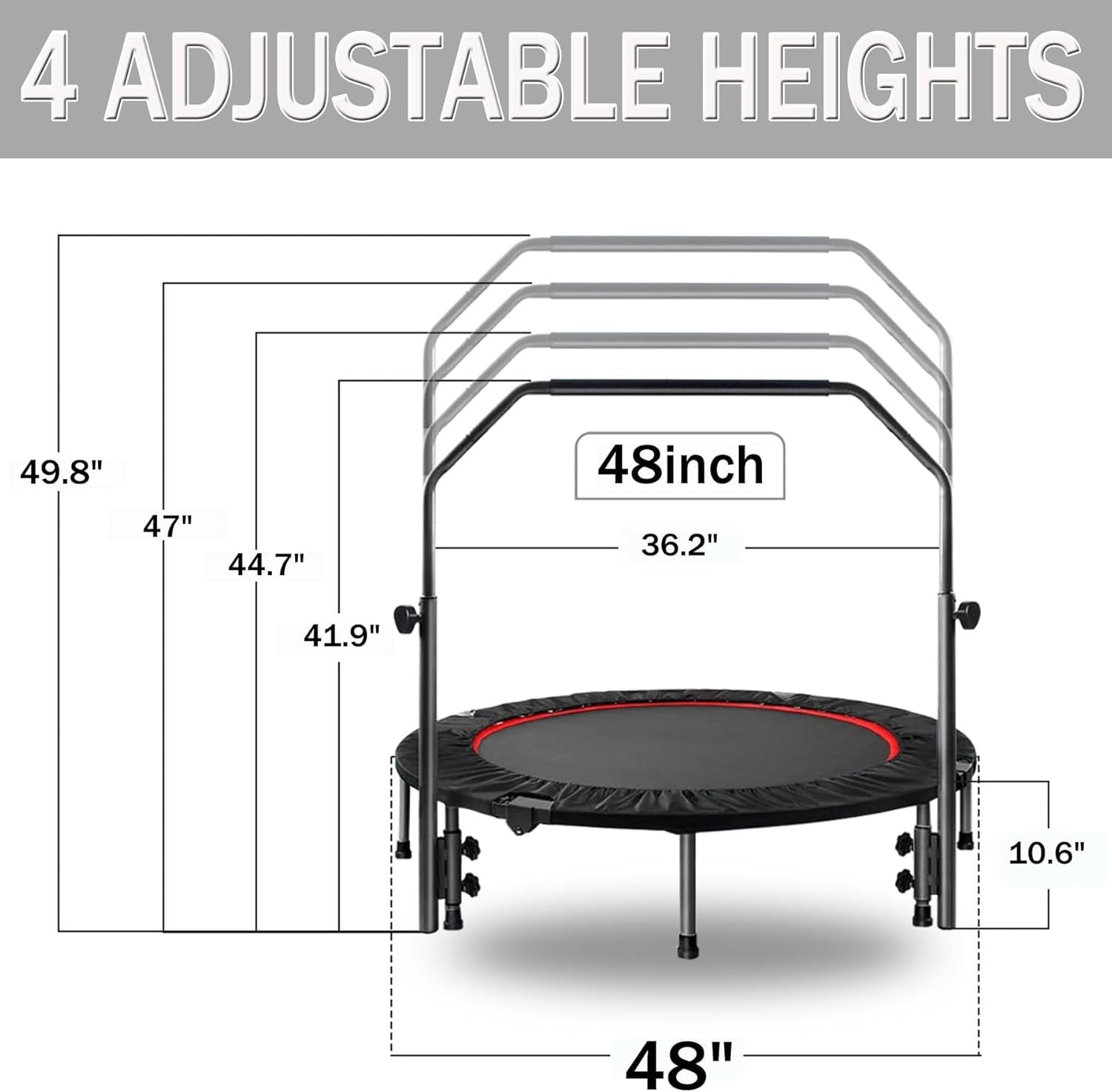 48" Foldable Mini Trampoline Max Load 300lbs, Fitness Rebounder with Adjustable Foam Handle, Exercise Trampoline for Adults Indoor/Garden Workout