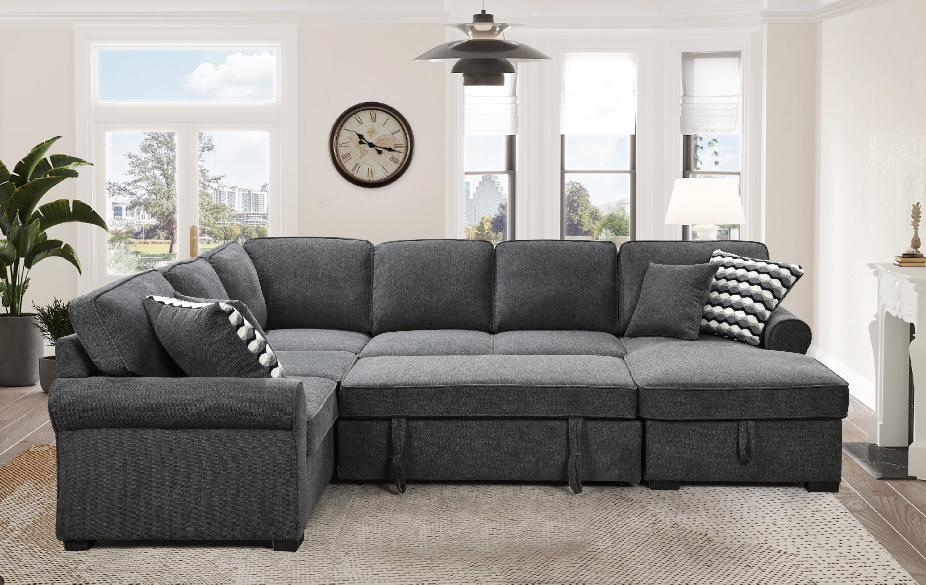 117" Oversized Sectional Sofa with Storage Chaise, Rolled Arms U Shaped Sectional Couch ,Removable Soft Backrest Cushions, with 4 Throw Pillows for Large Space Dorm Apartment,Dark Gray