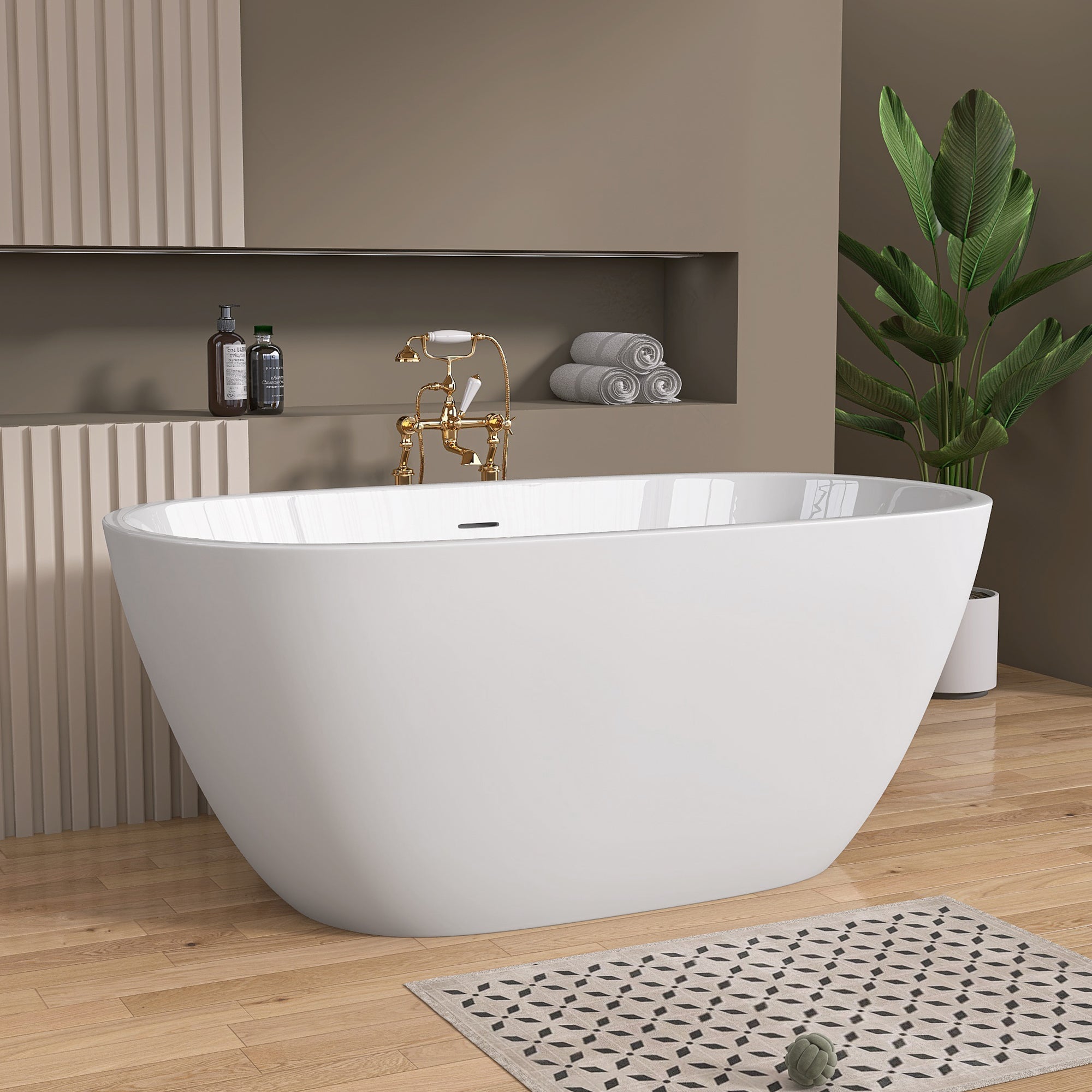 55" Acrylic Freestanding Bathtub Contemporary Soaking White Tub with Overflow and Pop-up Drain Matte White