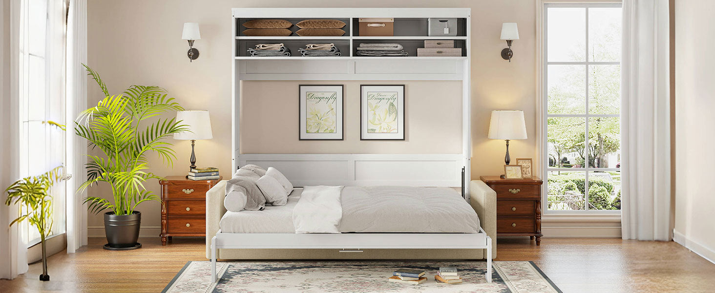 Queen Size Murphy Bed Wall Bed with Sofa,White