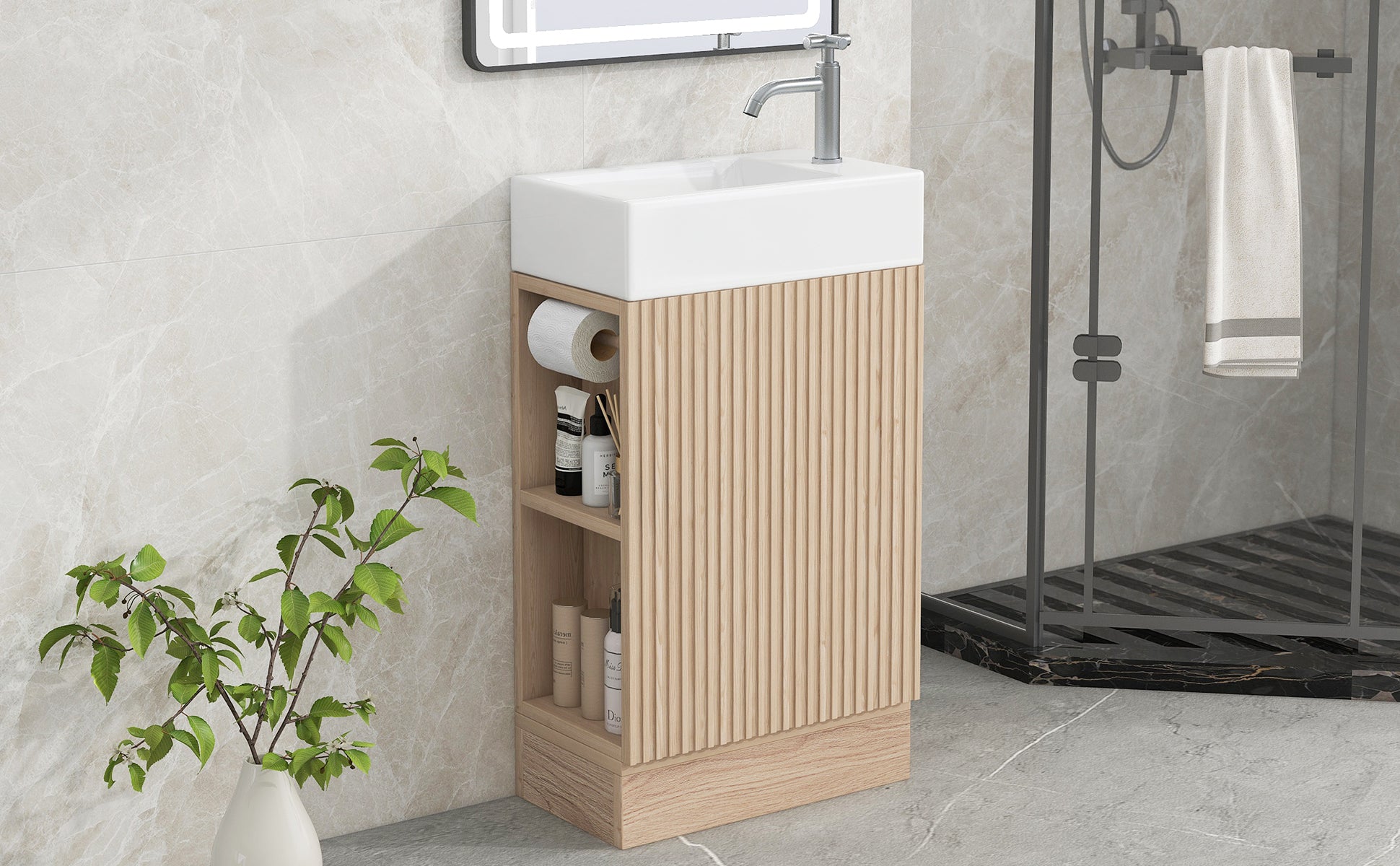 18.6" Bathroom Vanity with Sink, Bathroom Vanity Cabinet with Two-tier Shelf, Left or Right Orientation, Natural