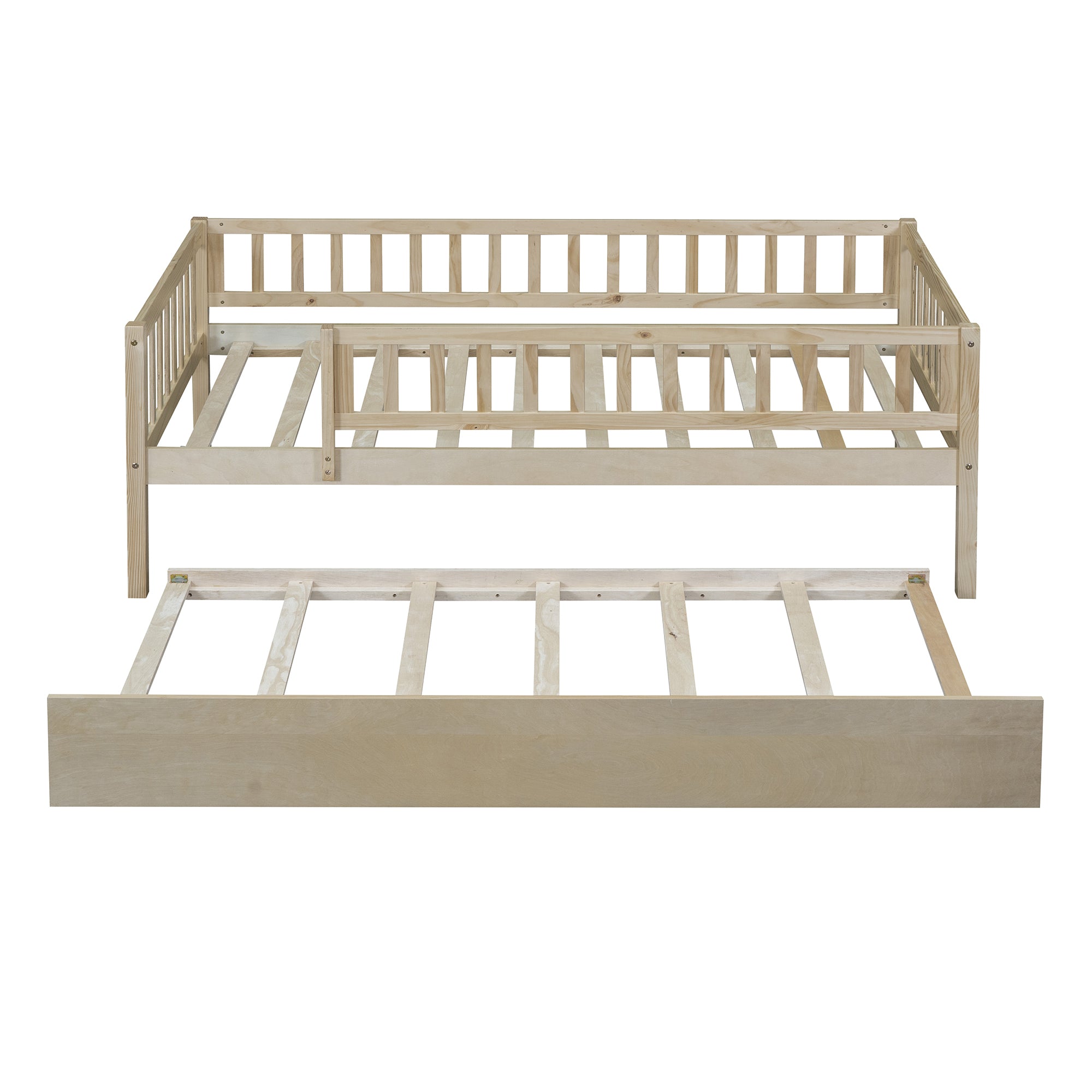 Twin Size Wood Daybed with Trundle and Fence Guardrails, Natural