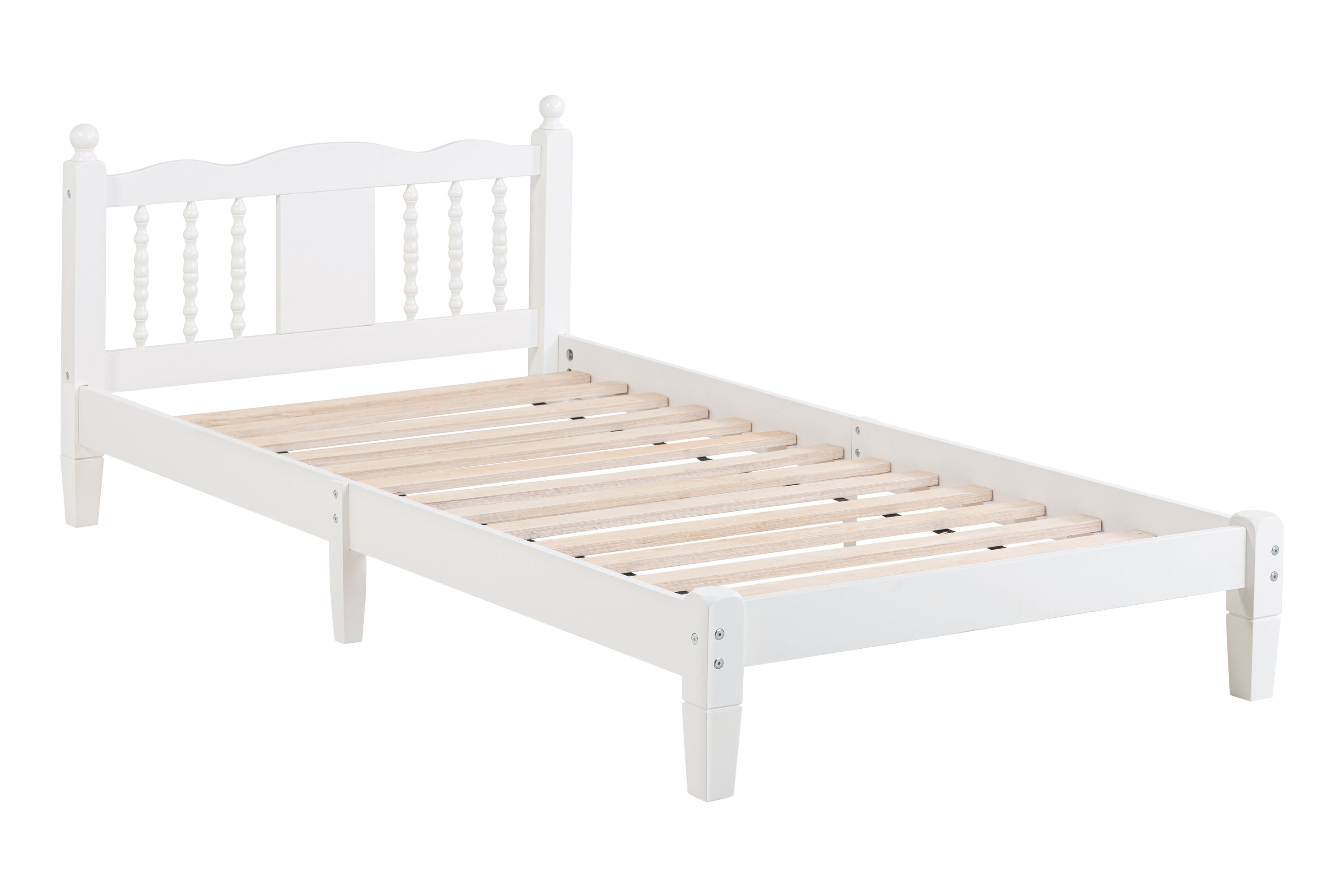 Twin Bed with Column-Decoration Headboard, with Bed Slats,White