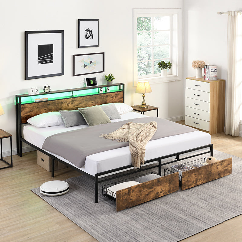 King Bed Frame, Storage Headboard with Charging Station, Solid and Stable, Noise Free, No Box Spring Needed, Easy Assembly