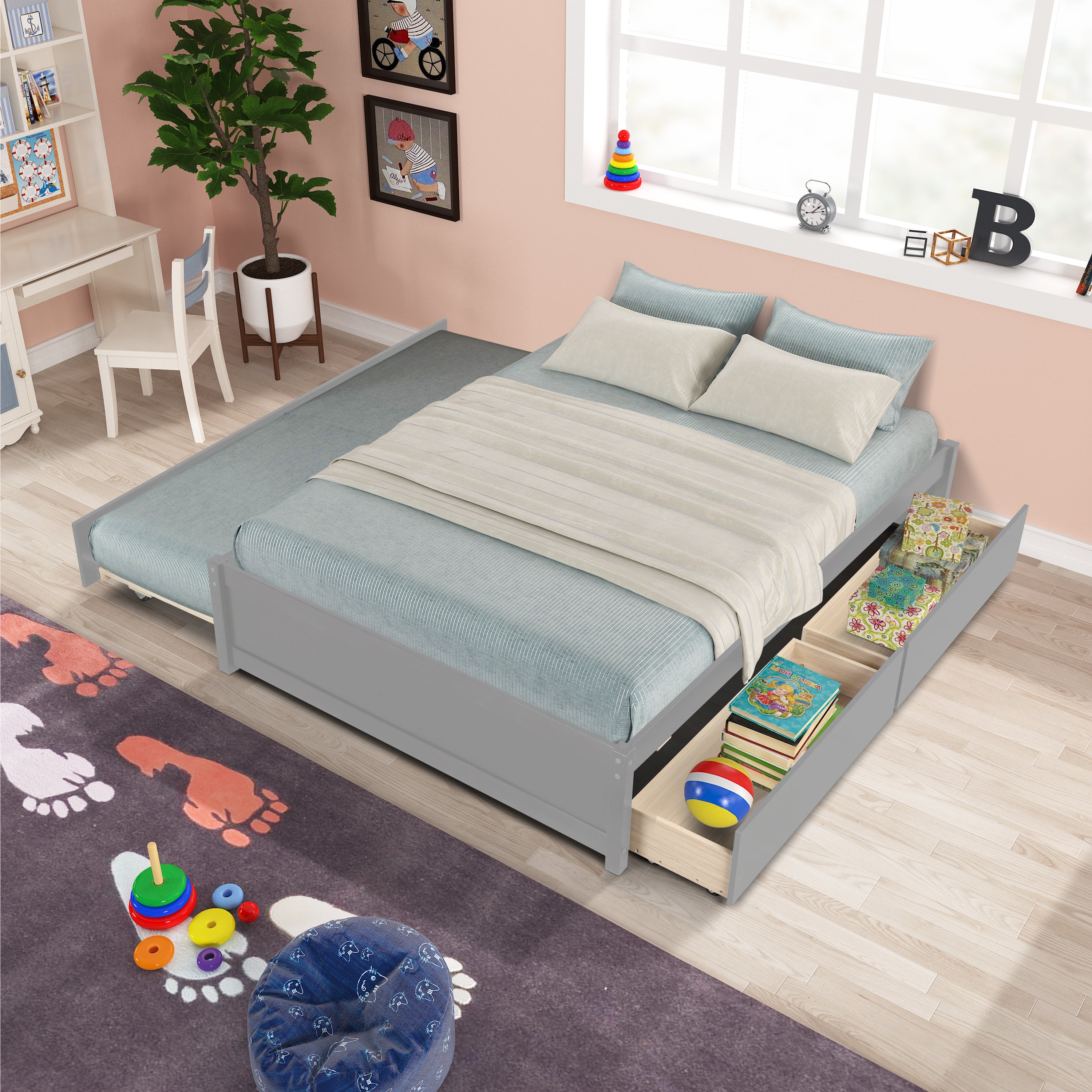 FULL BED WITH TWIN SIZE TRUNDLE AND TWO DRAWERS FOR GREY COLOR