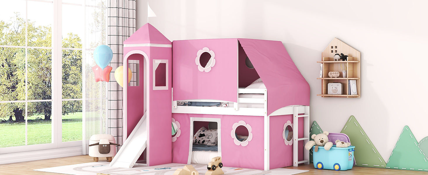 Twin Size Loft Bed with Slide Pink Tent and Tower - Pink