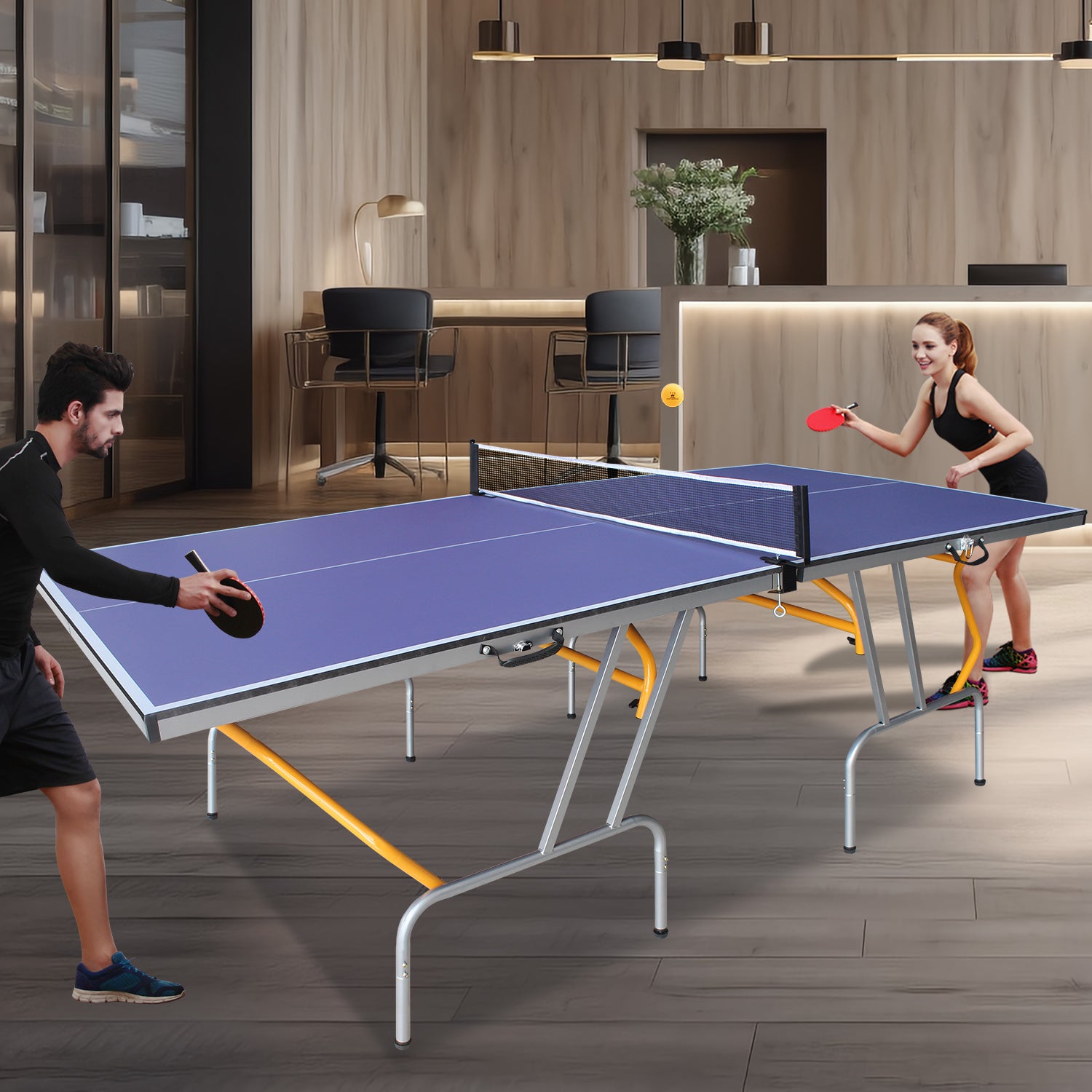 8ft Mid-Size Table Tennis Table Foldable & Portable Ping Pong Table Set for Indoor & Outdoor Games with Net, 2 Table Tennis Paddles and 3 Balls