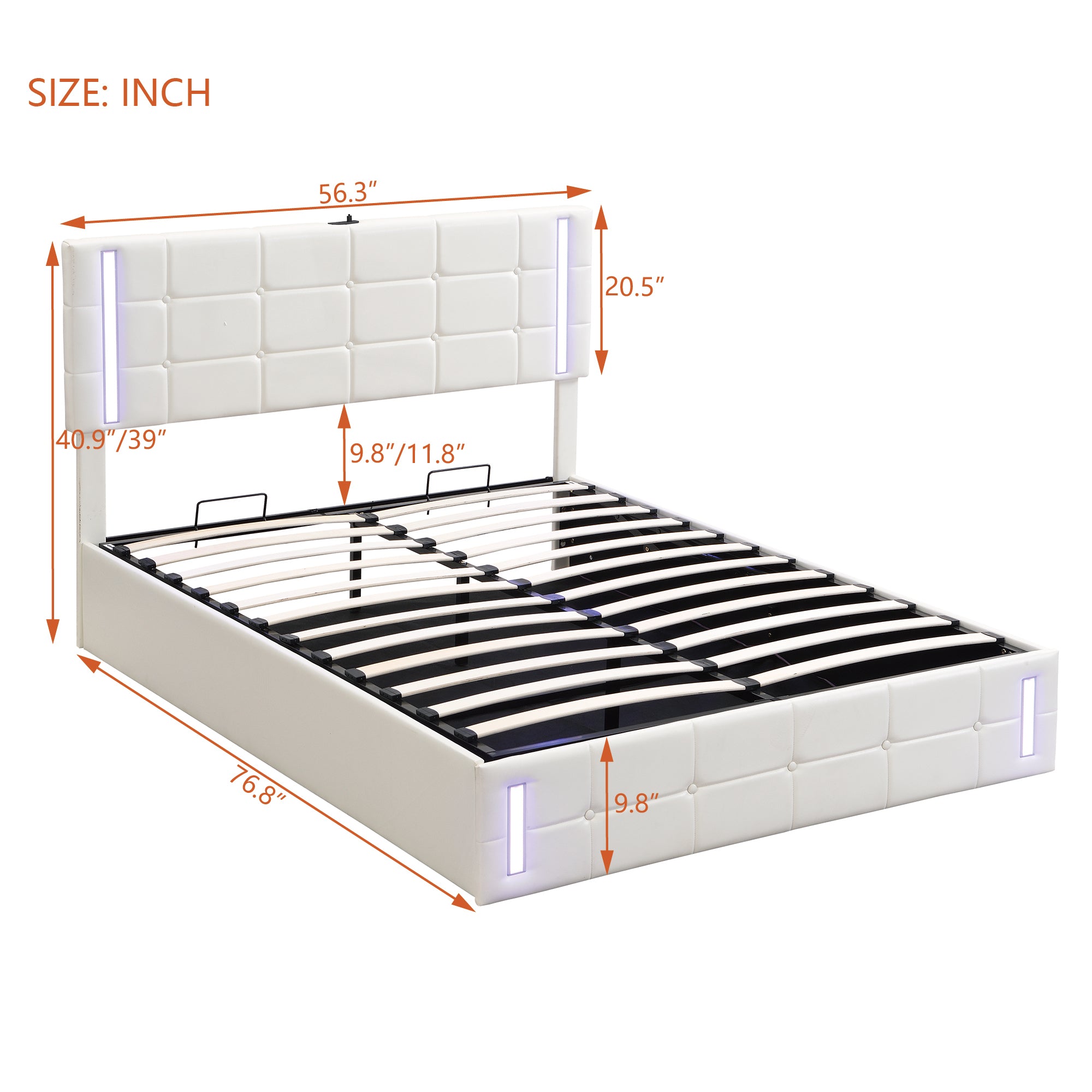 Full Size Upholstered Bed with LED Lights,Hydraulic Storage System and USB Charging Station,White