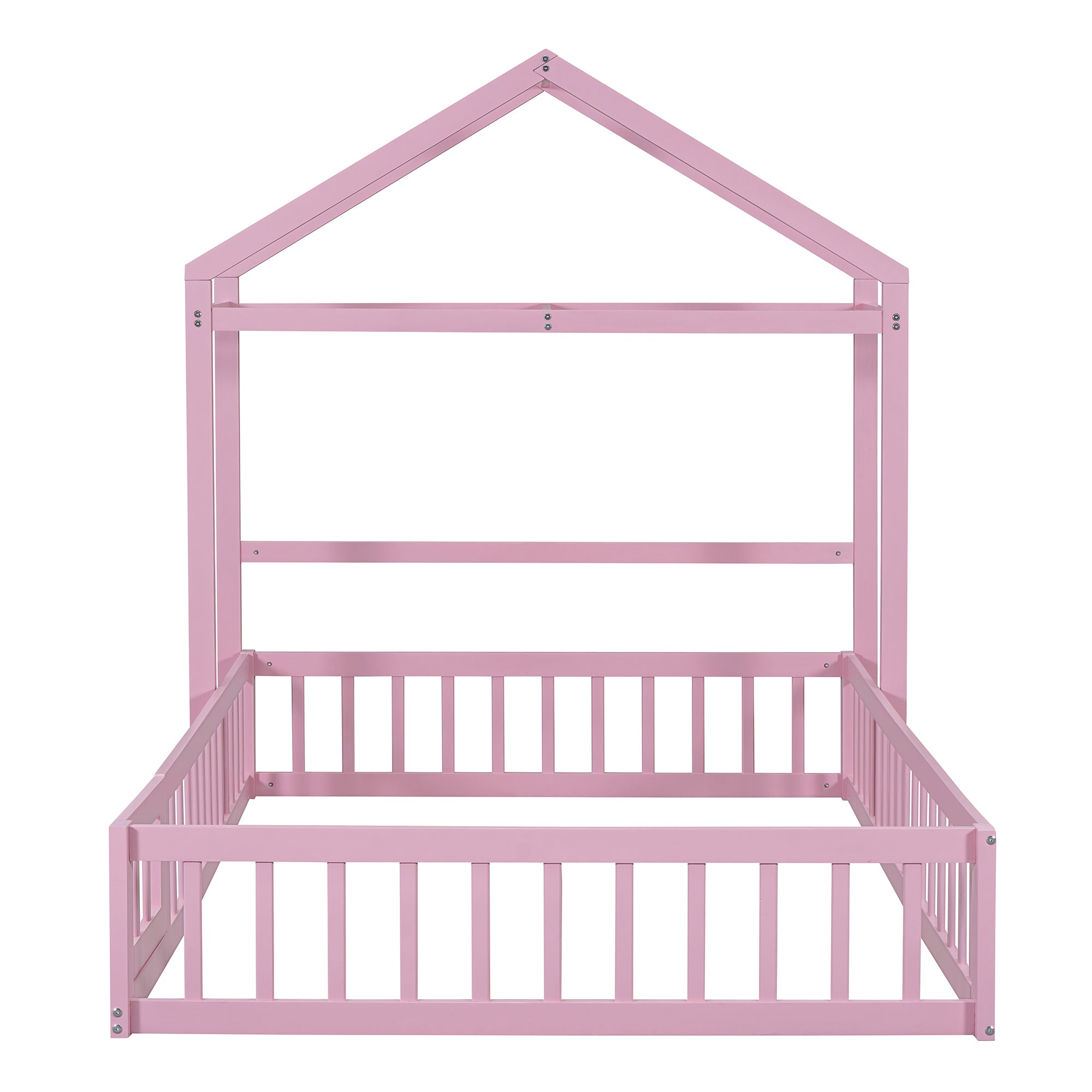 Wooden Floor Bed with Fence Railings and Detachable House Shape Headboard,Full Size Bed with Kids Dress Up Rack, Kids Montessori Style Playhouse Frame for Girls Boys, Pink