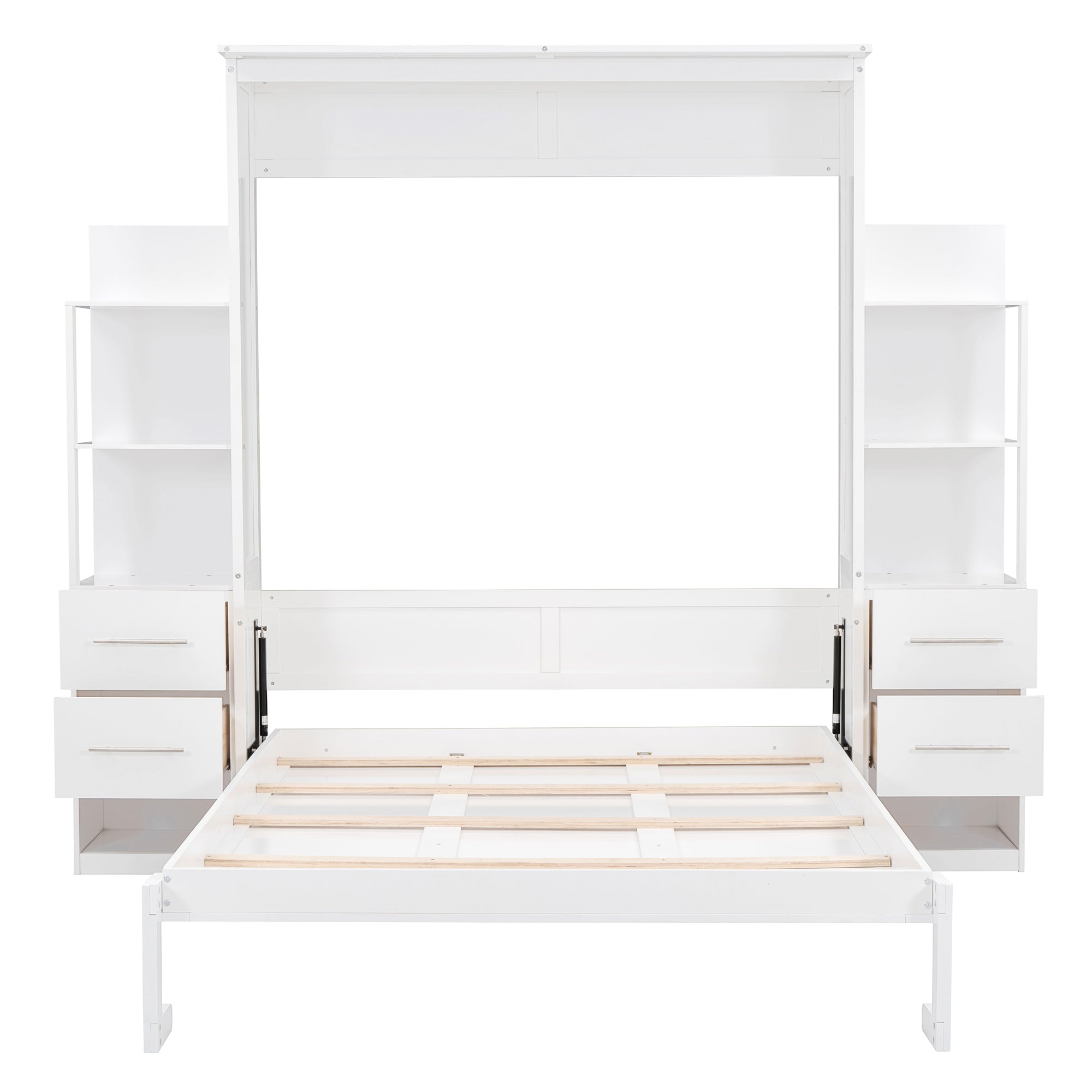 Queen Size Murphy Bed Wall Bed with Shelves, Drawers and LED Lights,White