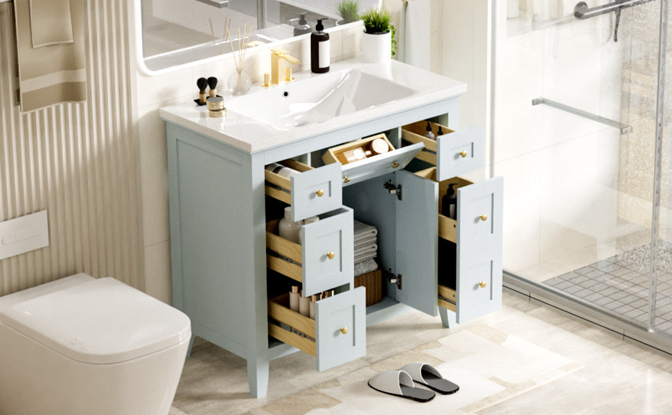 36'' Bathroon Vanity with Resin Sink Combo Set, Modern Freestanding Single Bathroom Cabinet with 6 Drawers & 2 Cabinets, Storage Cabinet for Bathroom, Solid Wood Frame Vanity Set, Light Blue