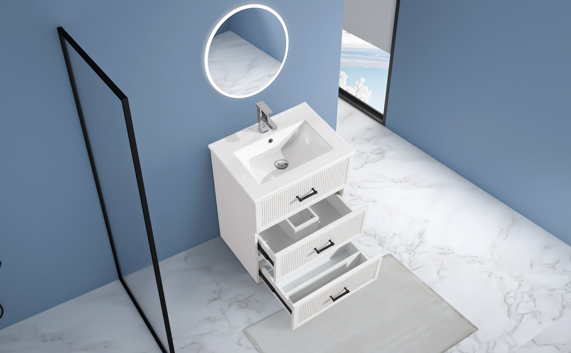 24 Inch Bathroom Vanity with Ceramic Sink Set, Modern Freestanding Bathroom Storage Cabinet with 2 Drawers, Floor Standing Bath Vanity Combo, White