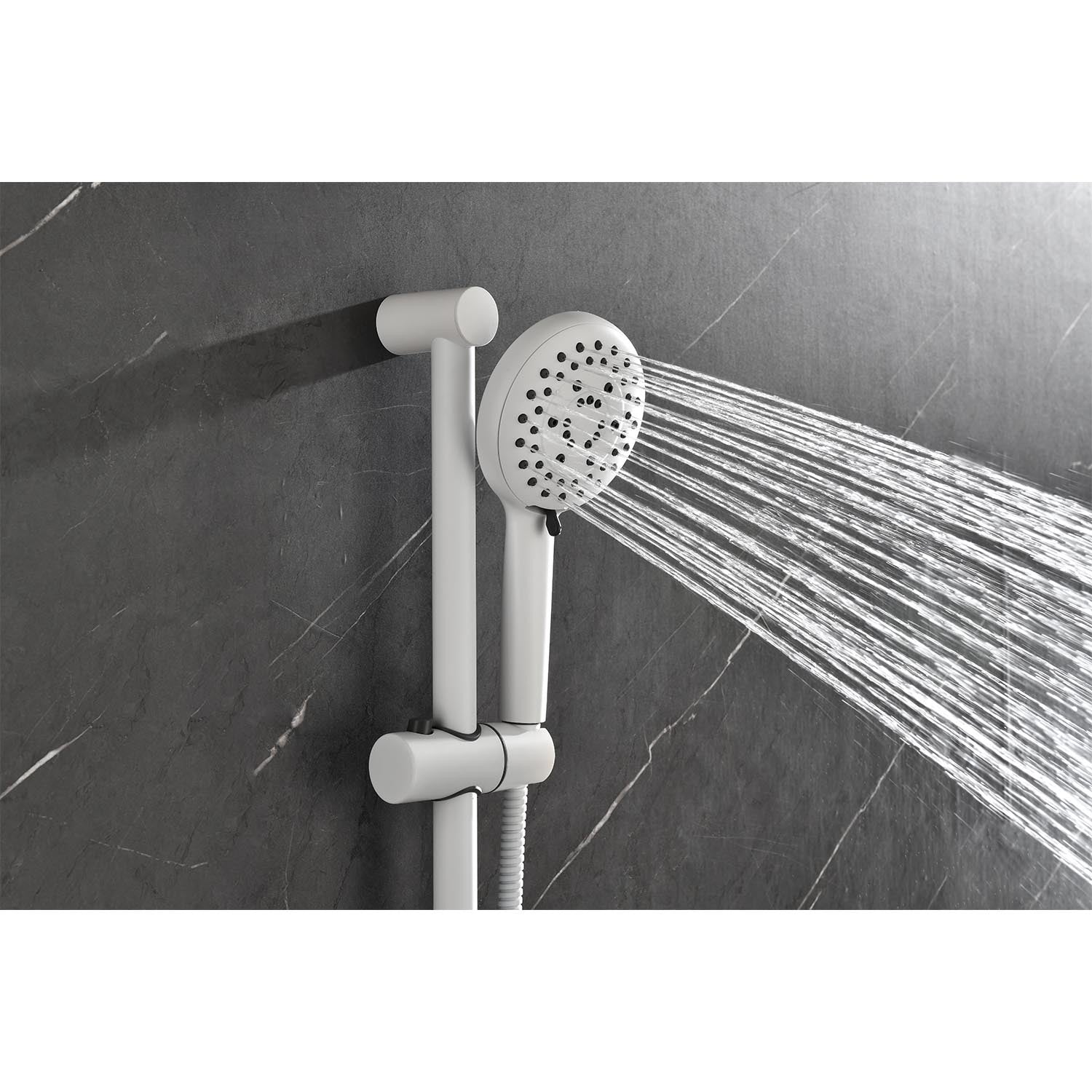 Shower System with Shower Head, Hand Shower, Slide Bar, Bodysprays, Shower Arm, Hose, Valve Trim, and Lever Handles