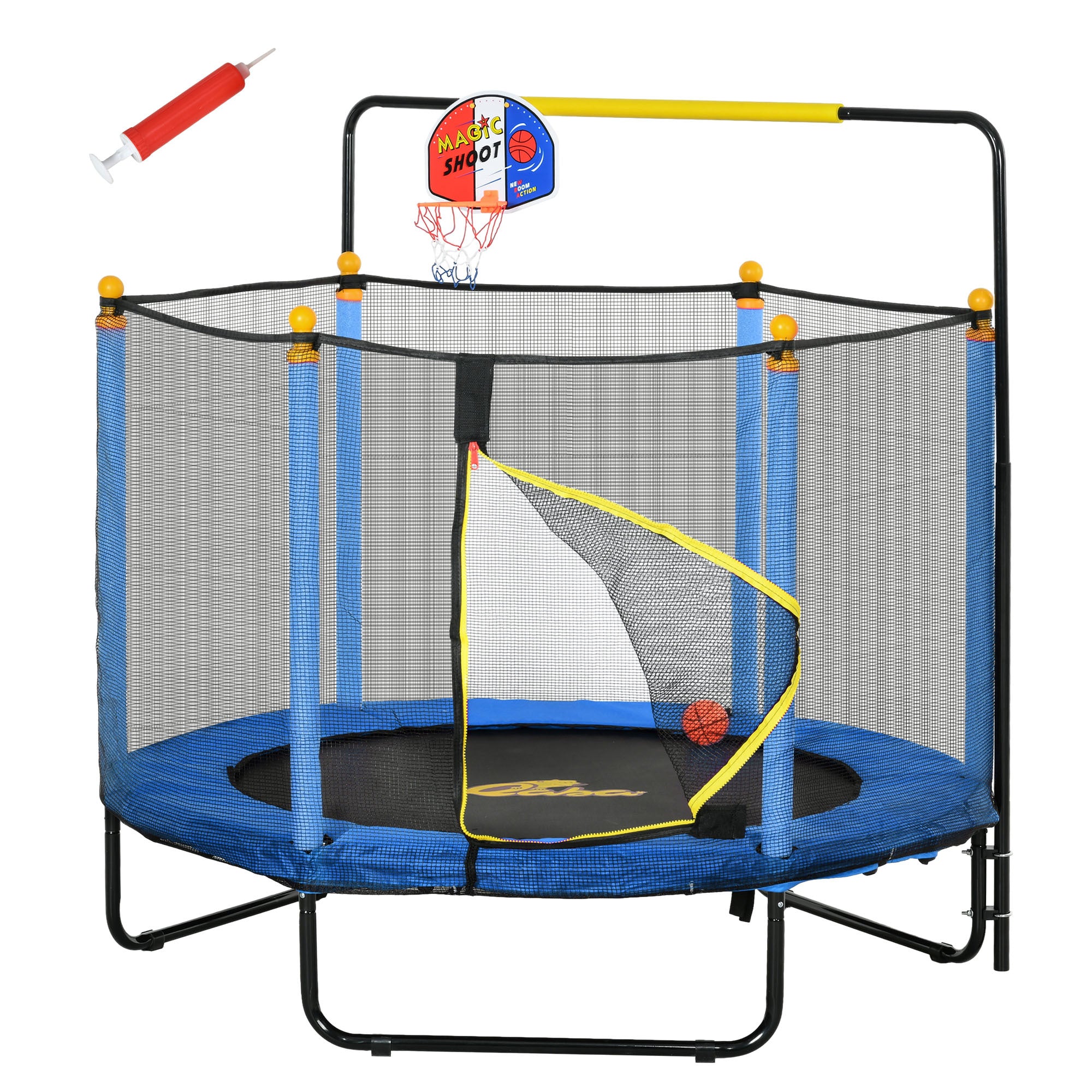 Qaba 4.6' Kids Trampoline with Basketball Hoop, Horizontal Bar, 55" Indoor Trampoline with Net, Small Springfree Trampoline Gifts for Kids Toys, Ages 3-10, Blue