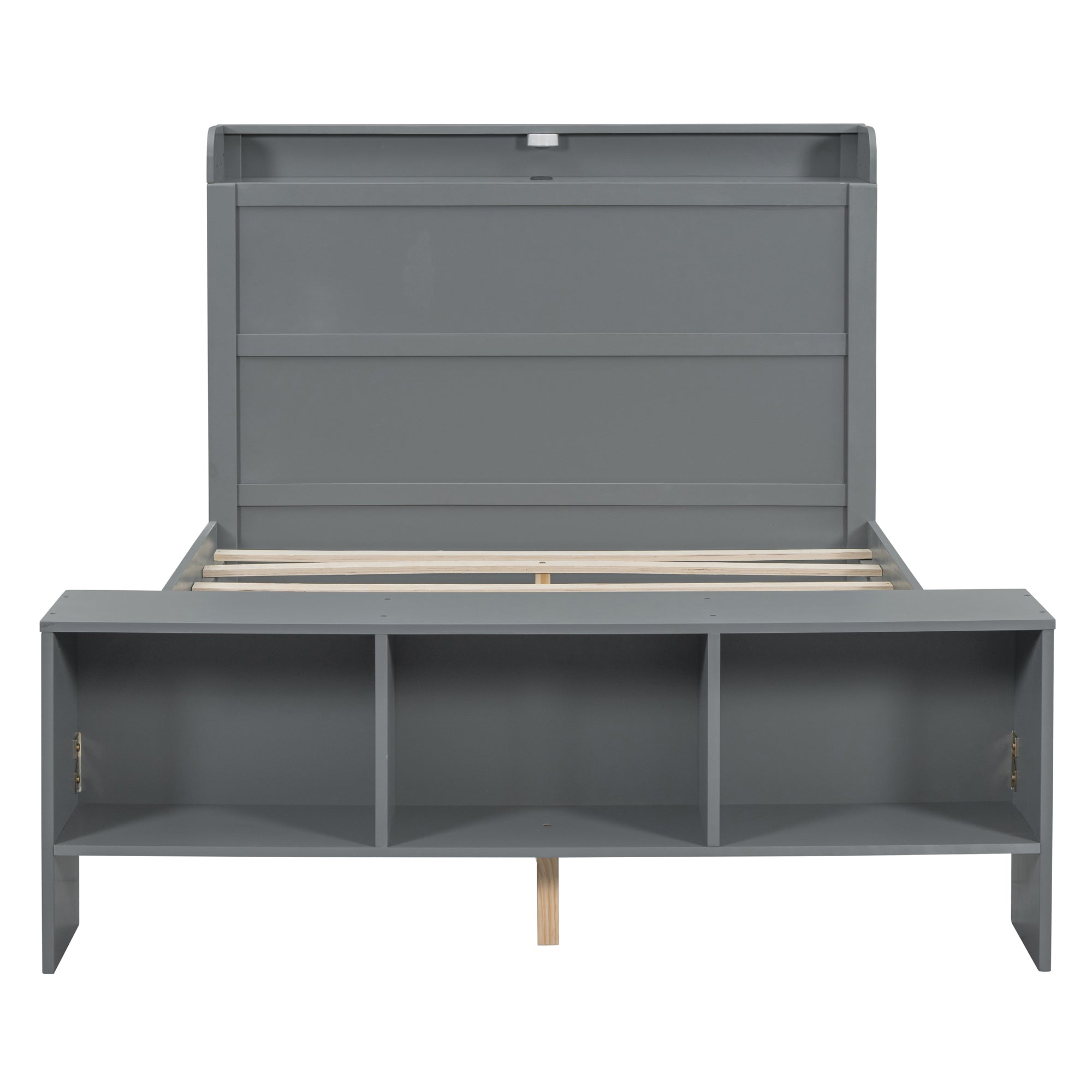 Full Size Platform Bed with built-in shelves, LED Light and USB ports, Gray