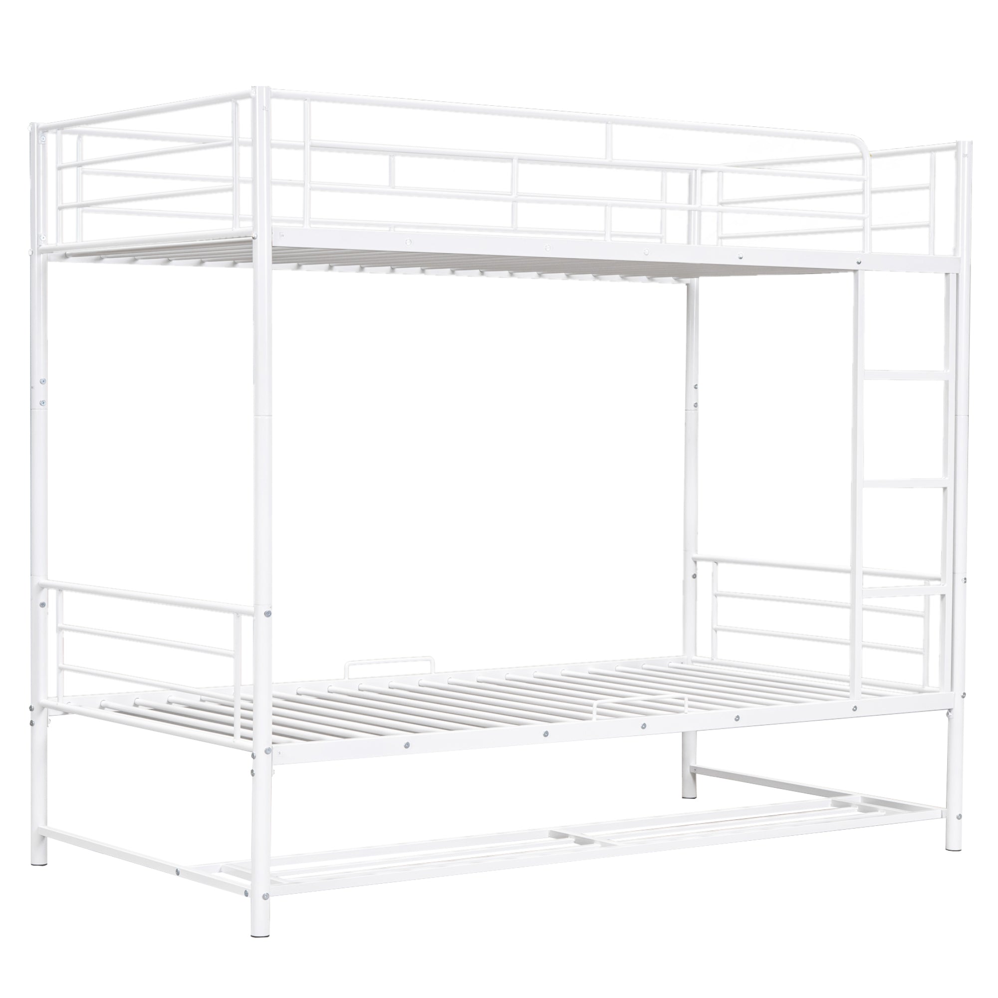 Twin Over Twin Metal Bunk Bed with Shelf and Guardrails, White