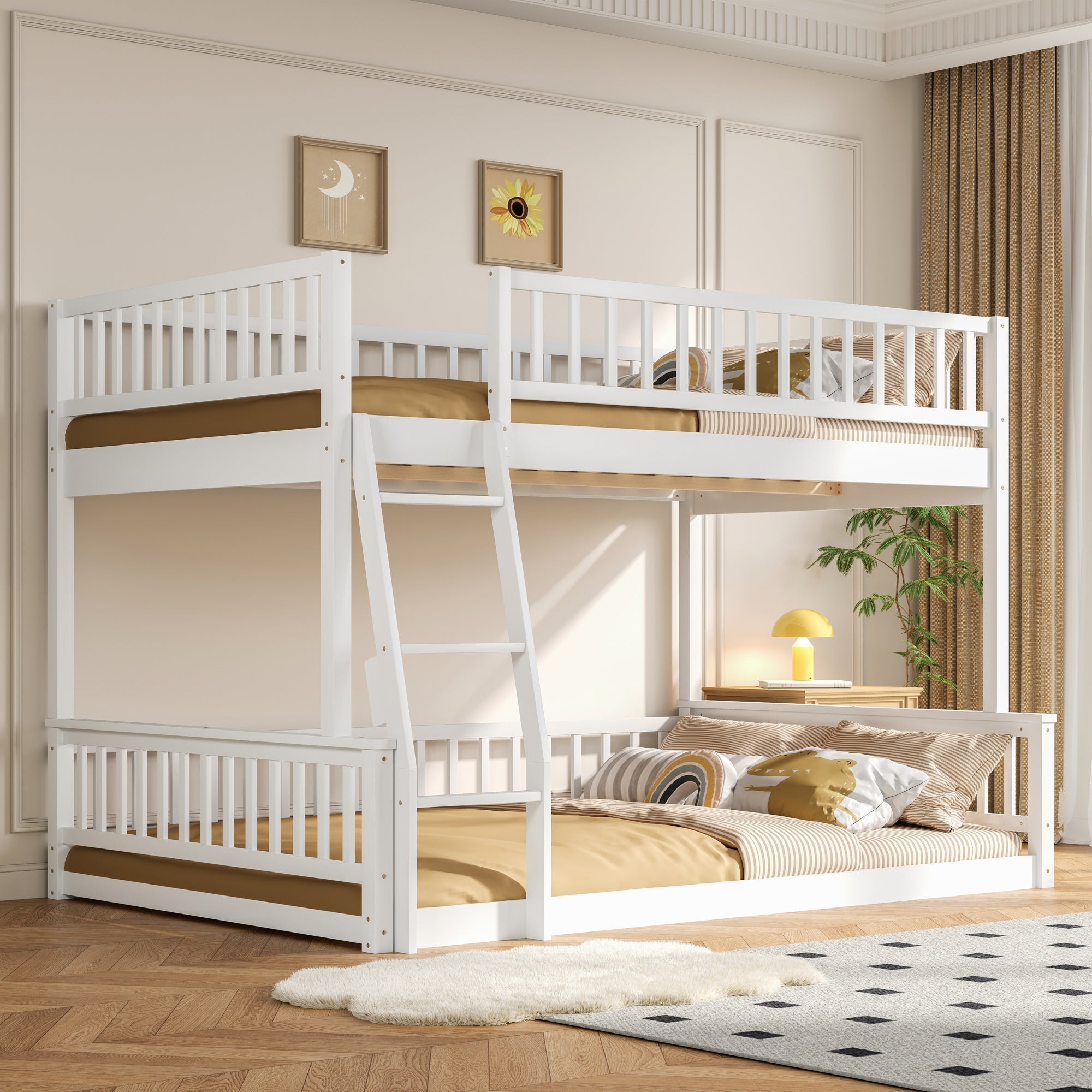 Full XL over Queen white bunk bed with guardrails and ladder, front view