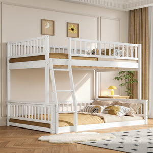Full XL over Queen white bunk bed with guardrails and ladder, front view