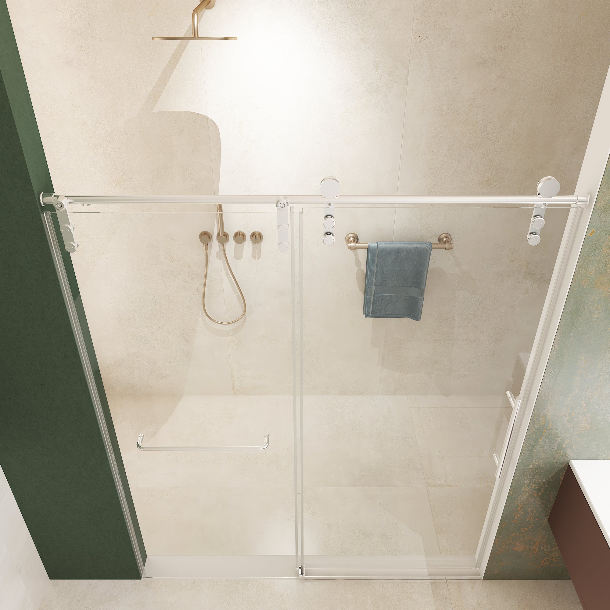 56"-60"W x 70"H Frameless Shower Door, Sliding Shower Door, Premium 5/16"(8mm) Thick Tempered Glass Shower Enclosure with Towel Bar ,Double Side Easy Clean Coat,Brushed Nickel Finished With Buffer