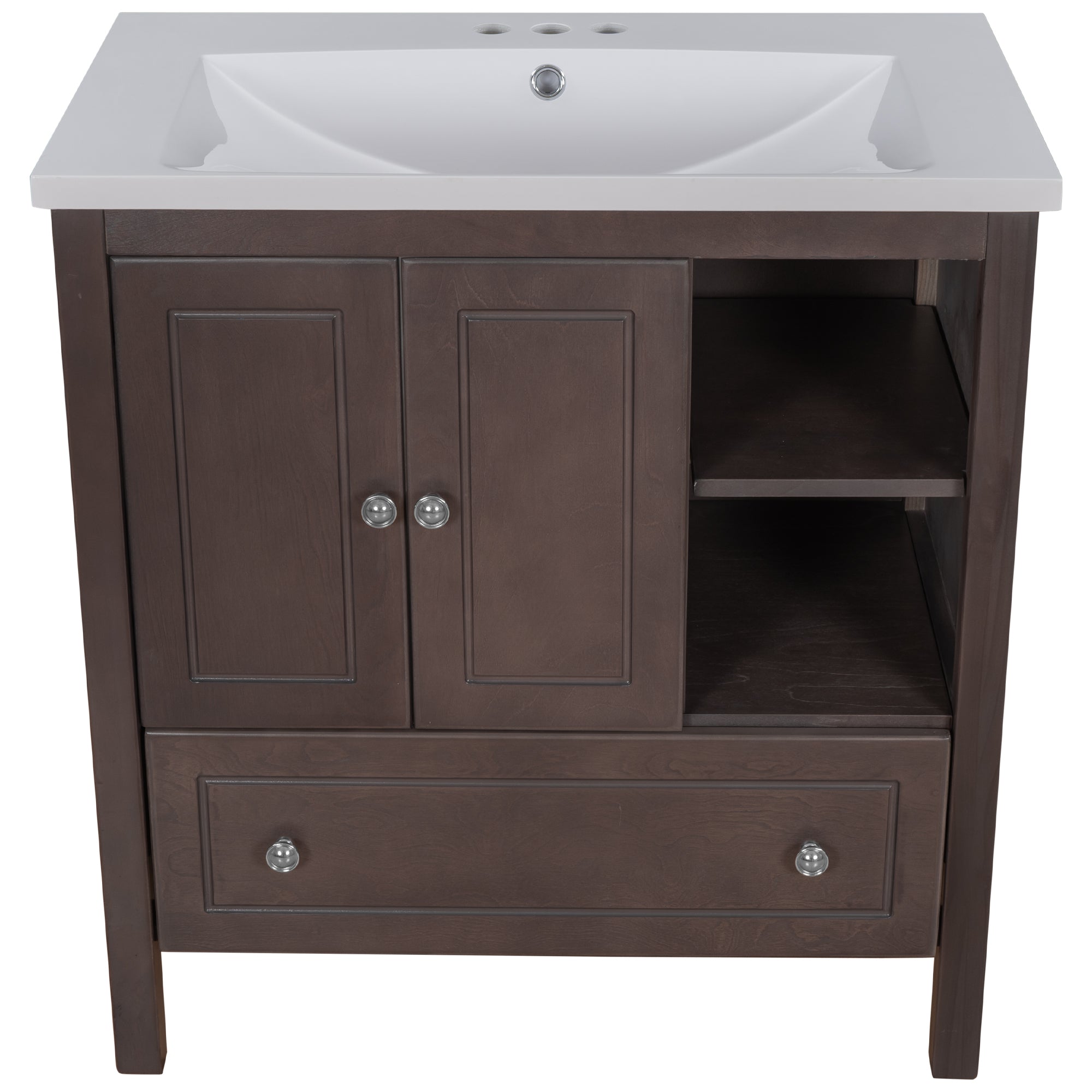 [VIDEO] 30" Bathroom Vanity with Sink, Bathroom Storage Cabinet with Doors and Drawers, Solid Wood Frame, Ceramic Sink, Brown (OLD SKU: JL000002AAD)