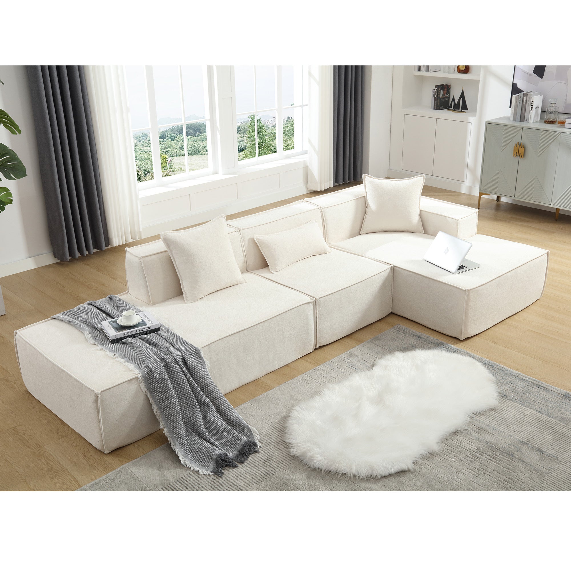 [VIDEO PROVIDED] Modular combination living room sofa set, modern minimalist sofa, free installation sofa, L-shaped, Italian minimalist tofu block sofa, Right-Hand Facing,Terrycloth fabric ,Beige