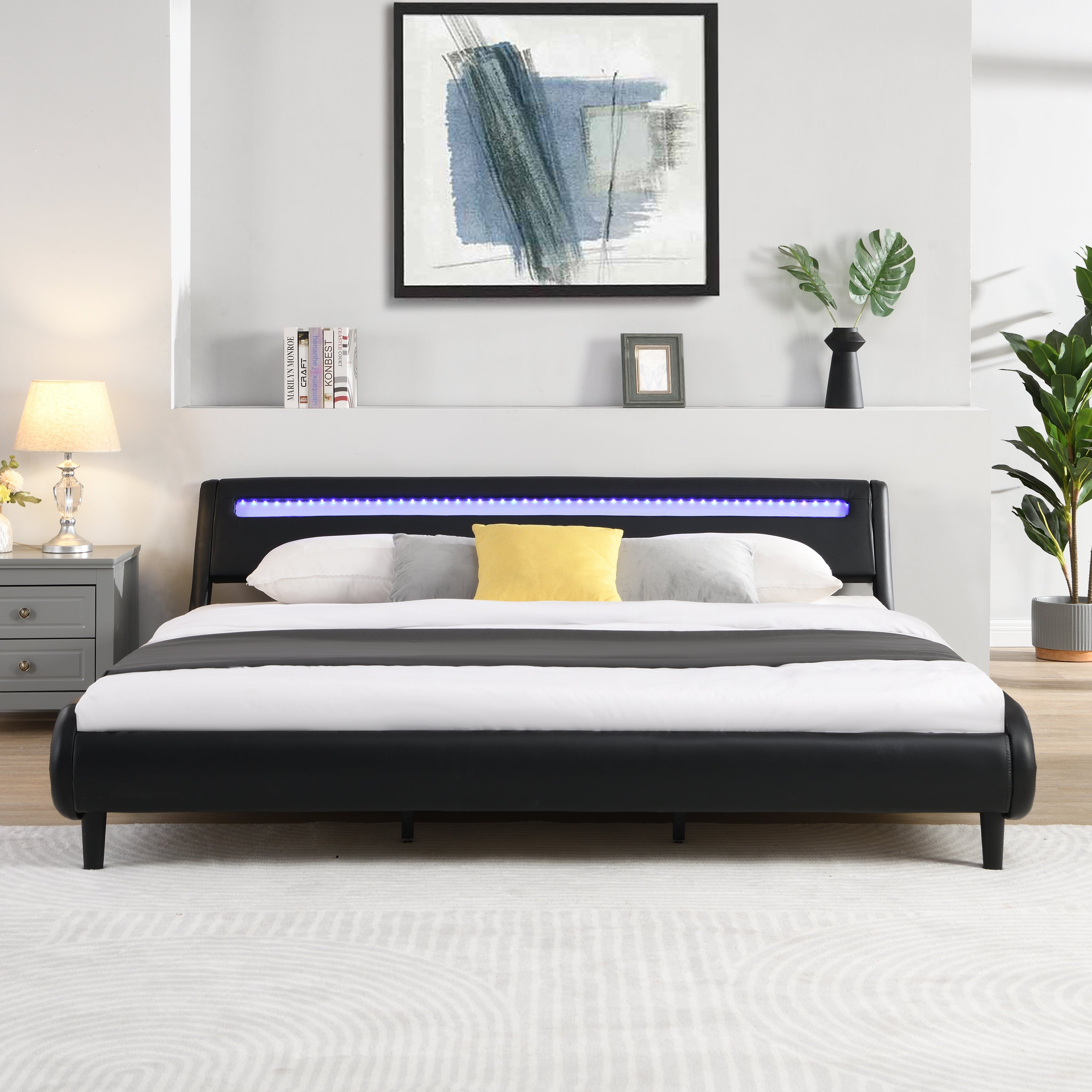 Modern Upholstered Platform Bed Frame with LED Lights Headboard, Faux Leather Wave-Like Platform Bed Frame,Strong Wood Slats Support, Easy Assembly, Black, King Size