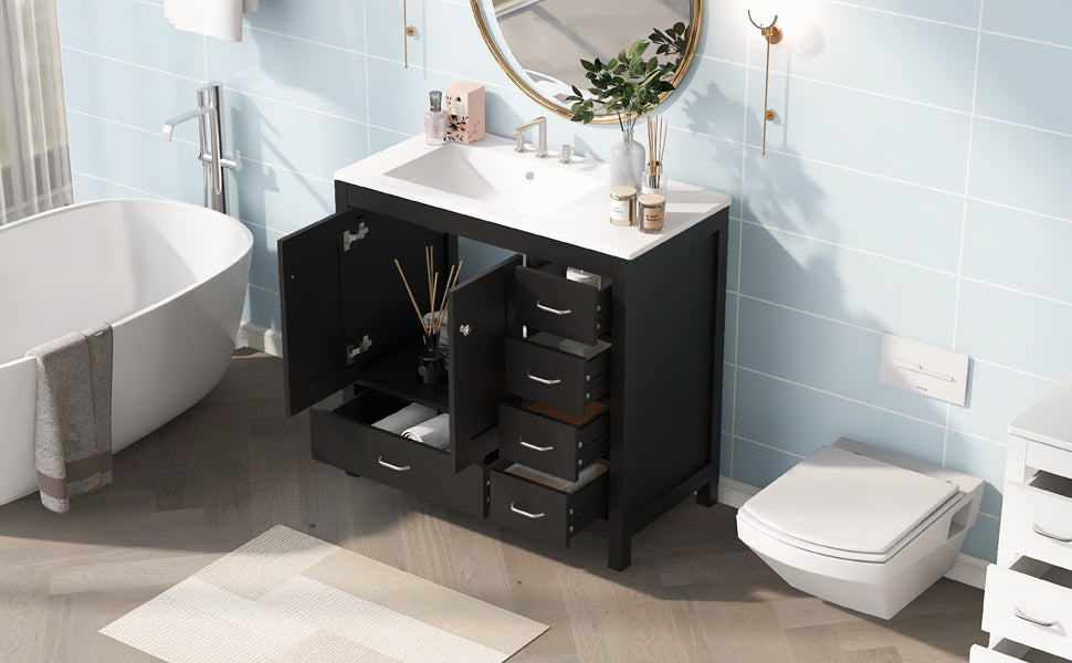 36" Black Bathroom Vanity with Ceramic Sink Combo, Abundant Storage Cabinet -2 Soft close doors and 5 drawers