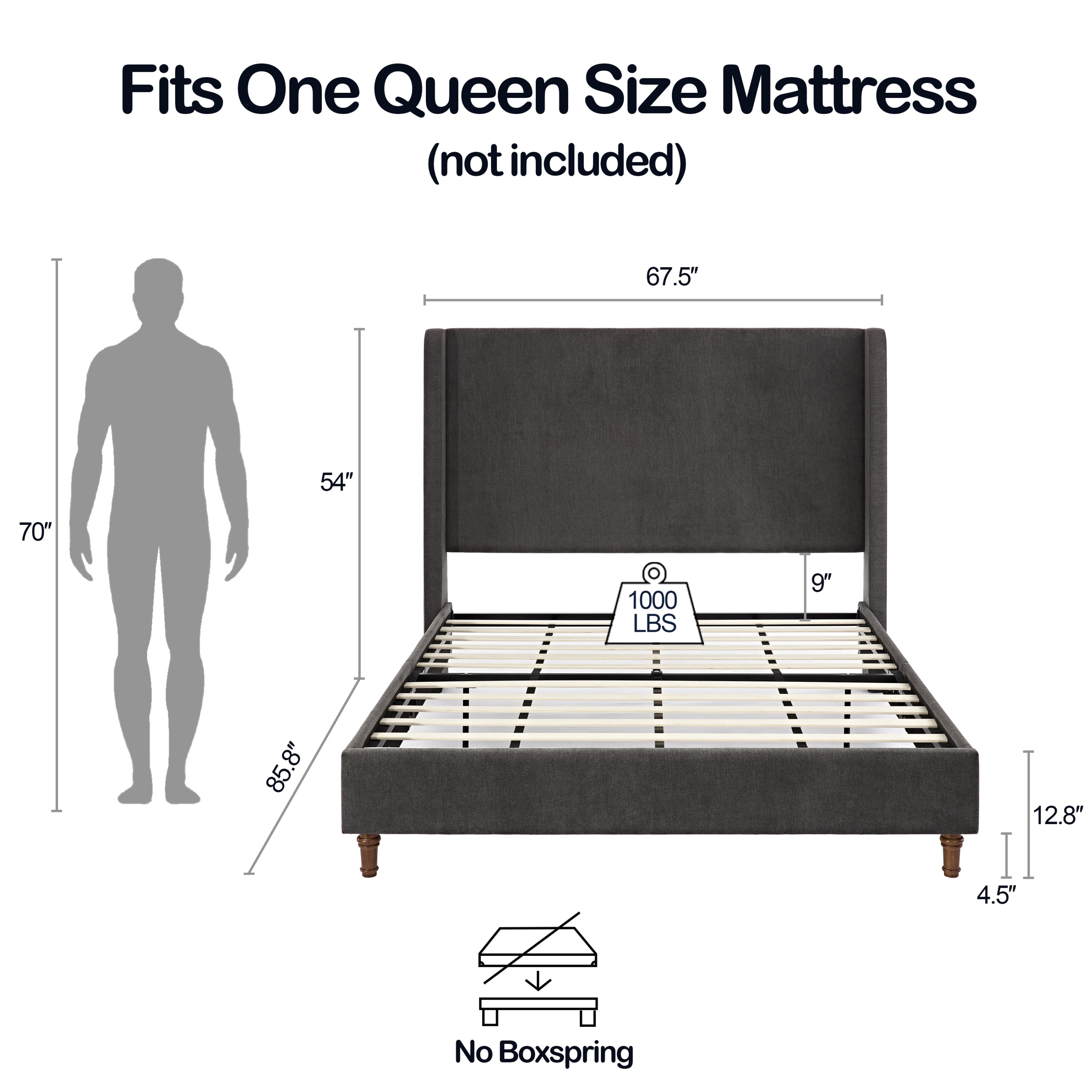 Same as B083P152031 Harper Tall Headboard Upholstered Bed / 54" High Headboard / Elegant Simplicity / No Box Spring Needed / Easy Assembly / Queen / Dark gray velvet