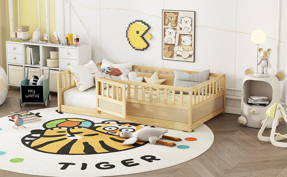 Twin Size Floor bed, integral construction with super high security barrier, door, children's floor bed frame, Montessori wooden children's floor bed, Support  slat Natural Wood