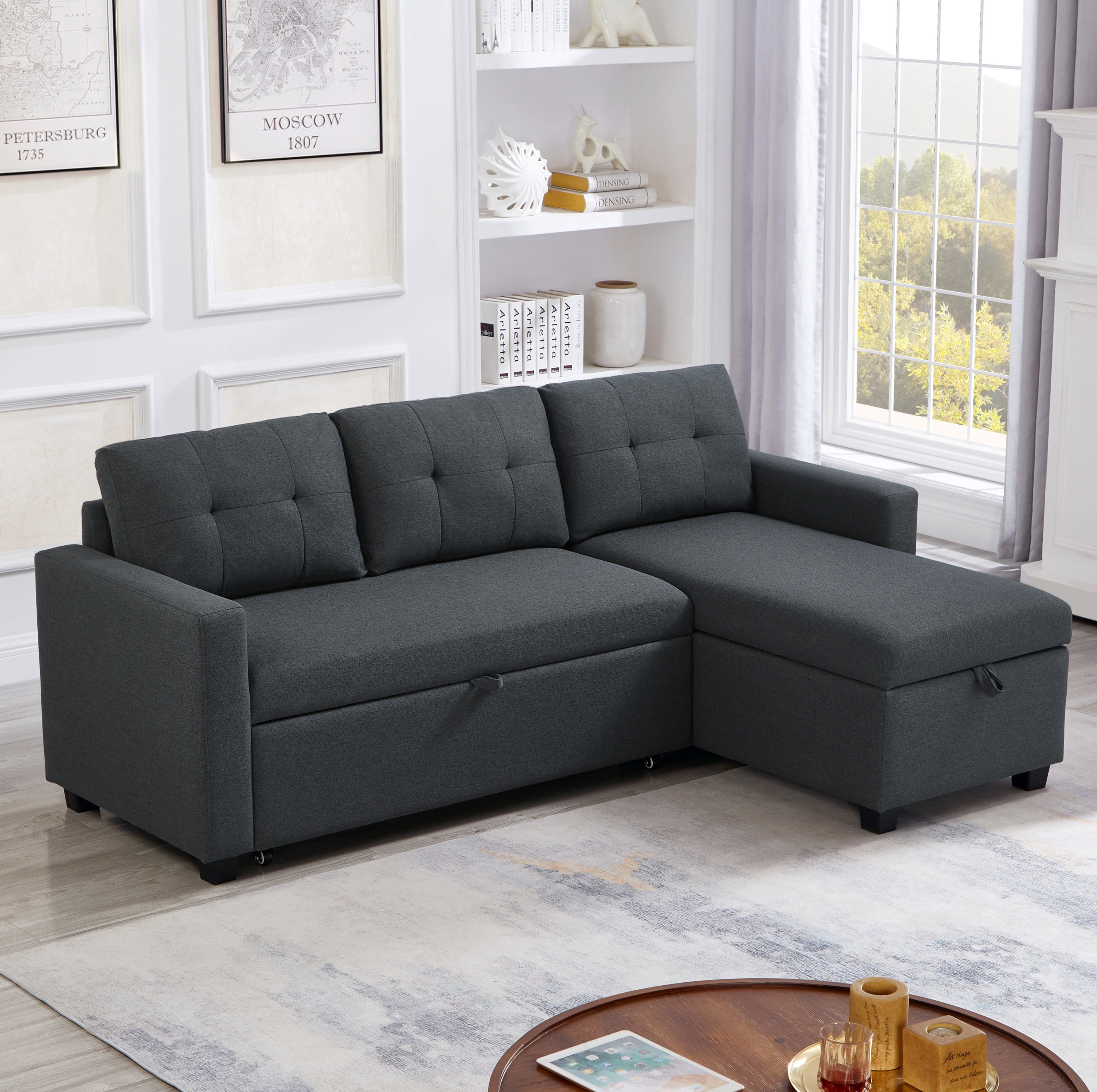 Upholstered Pull Out Sectional Sofa with Storage Chaise, Convertible Corner Couch, Dark Grey