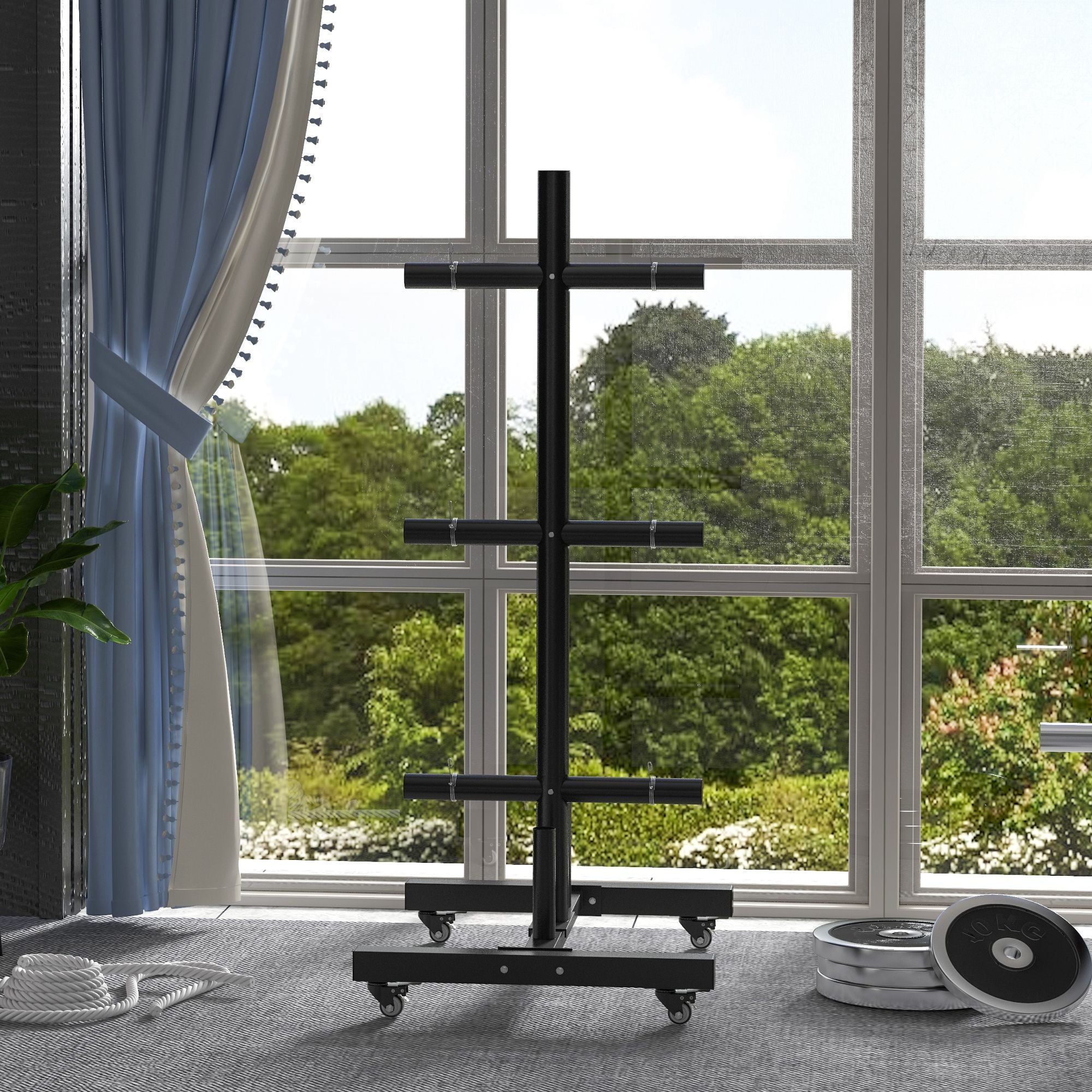 Soozier Weight Plate Rack, Olympic Bumper Plate Rack Holder for 2 inch Plates and Bars, with 4 Transport Wheels and 6 Fasten Clamps, 440lbs Capacity