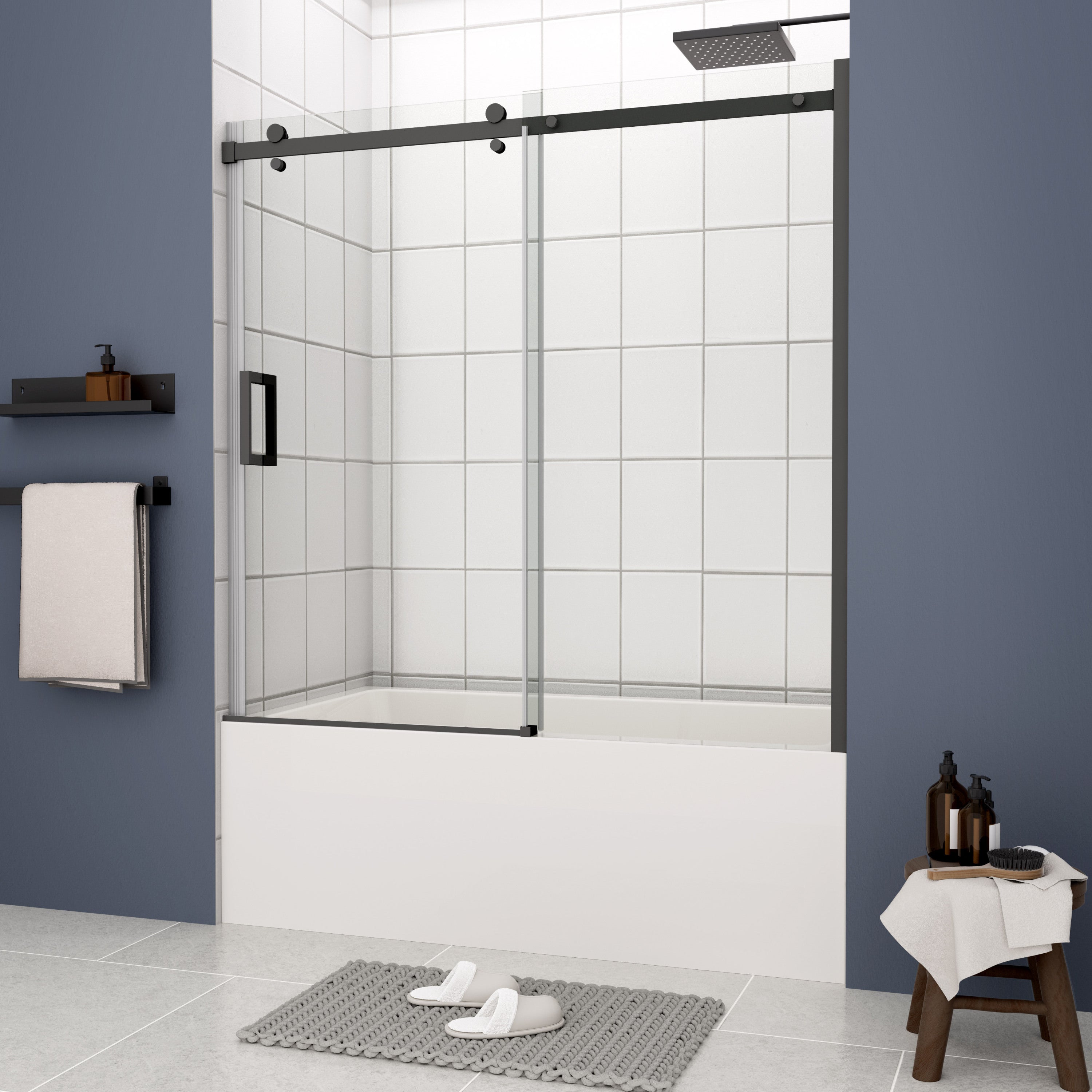 60"W x 58"H Bathtub shower door, sliding door, with 5/16" tempered glass and Matted black finish 6058