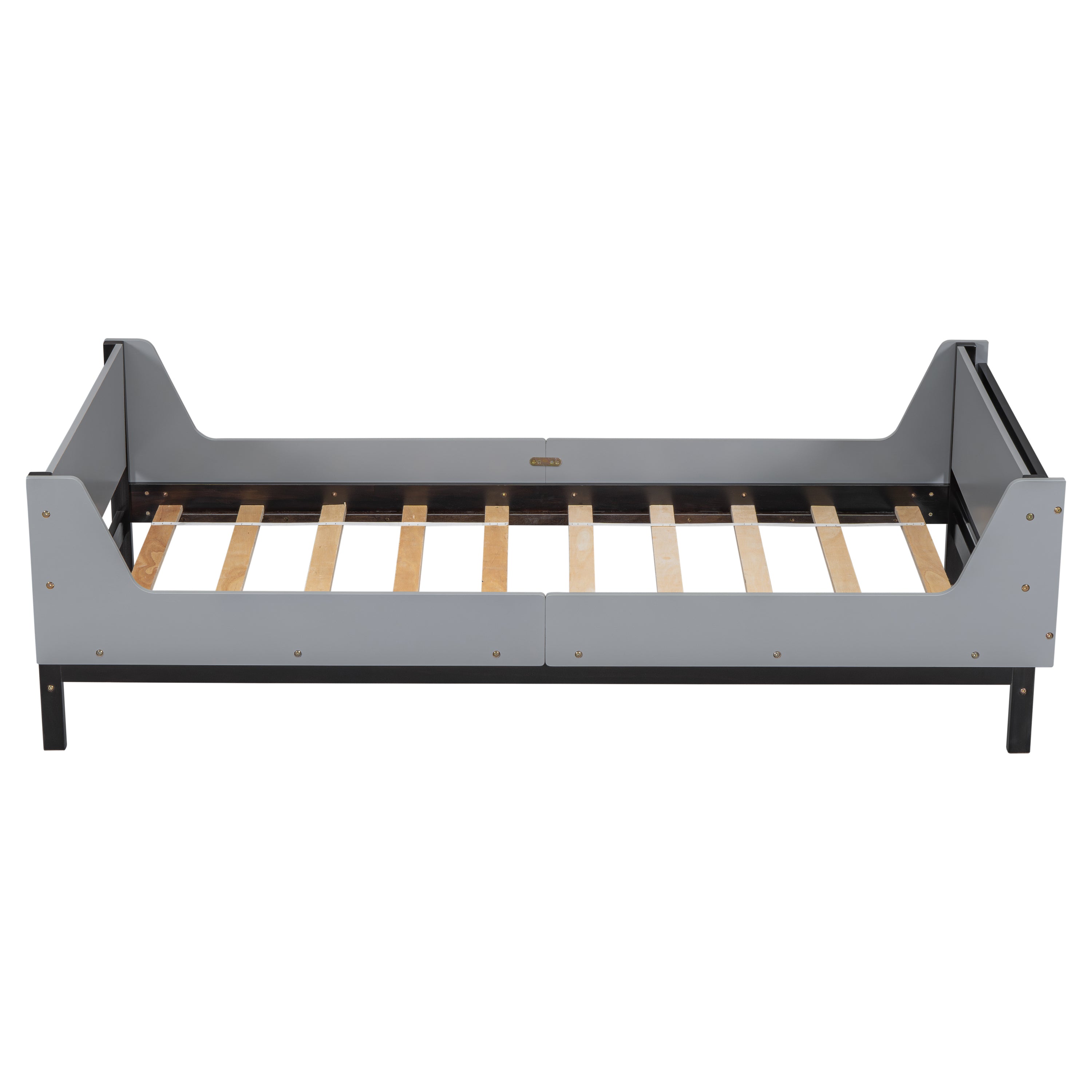 Twin Bed with Headboard, Footboard, Safeguards,  Built-in Bed-end Book Storage Rack ,Grey