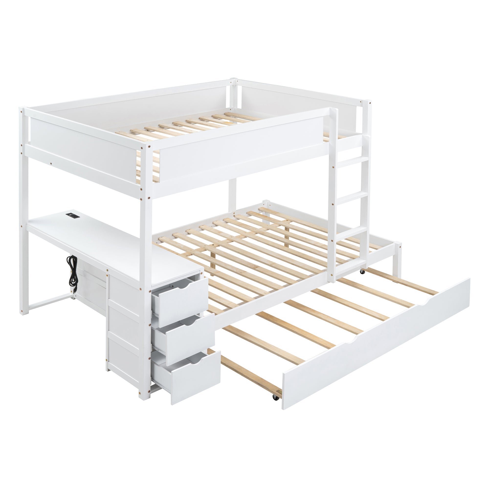 Full-Over-Full Bunk Bed with Twin size Trundle, Storage and Desk, White