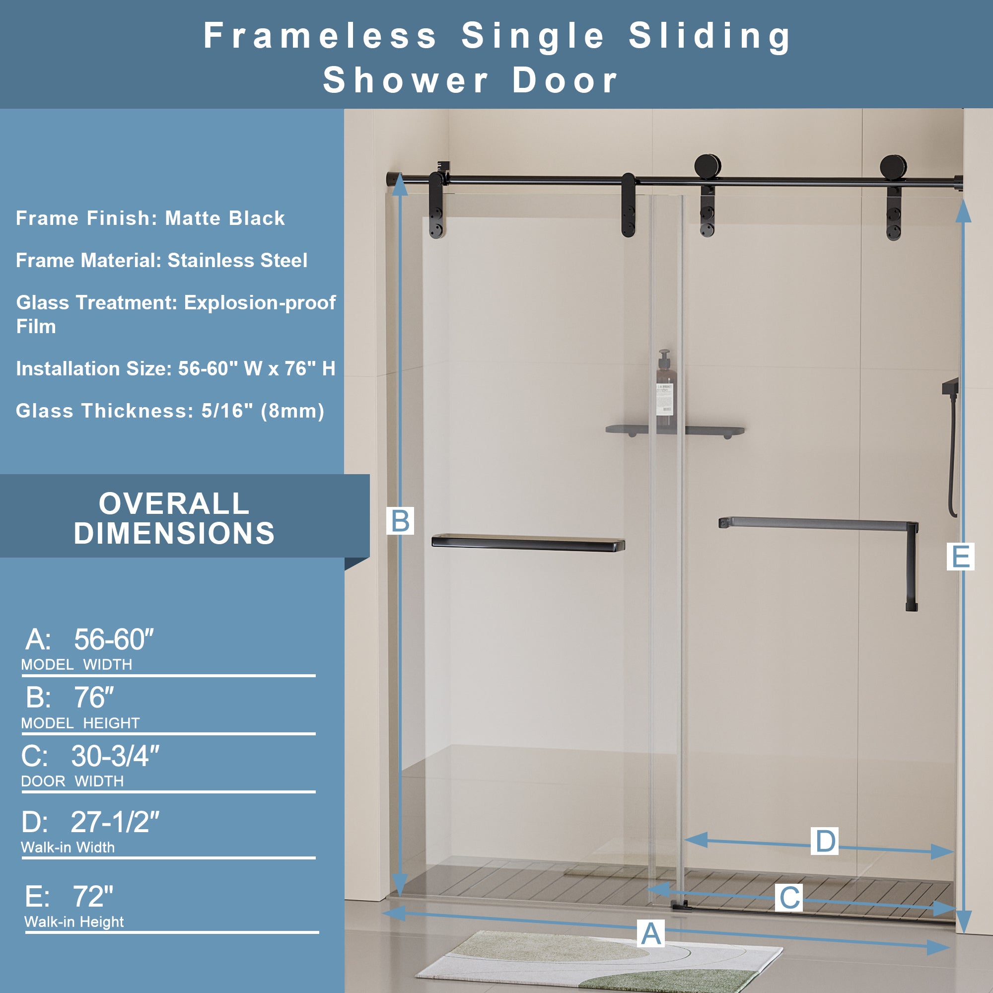 56-60"W x 76"H Frameless Shower Door, Single Sliding Shower Door, 5/16" (8mm) Clear Tempered Glass Shower Door Explosion-Proof Film, Stainless Steel Hardware, Matte Black 24D210-60MB-COMBO