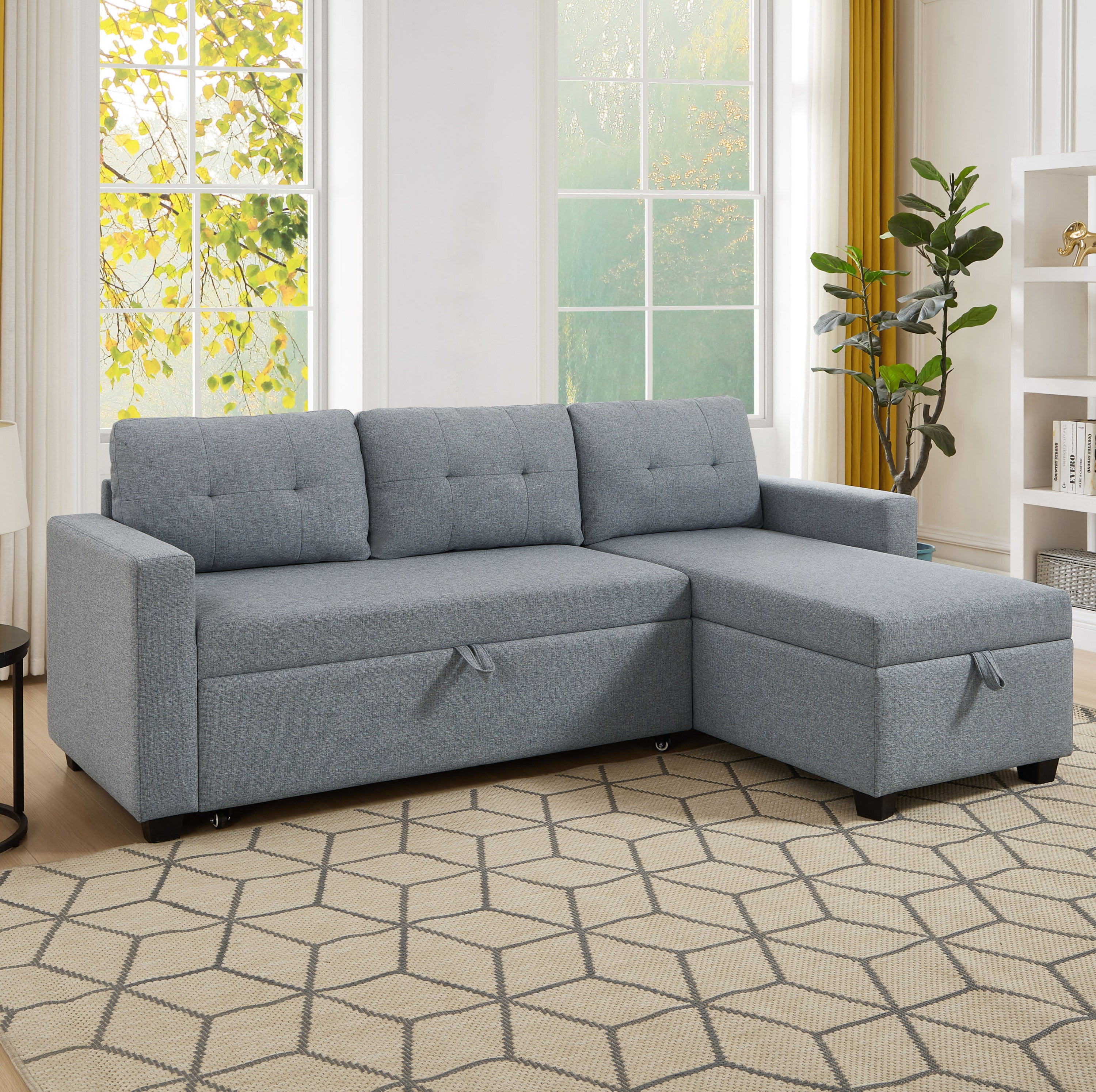 Upholstered Pull Out Sectional Sofa with Storage Chaise, Convertible Corner Couch, Light Grey