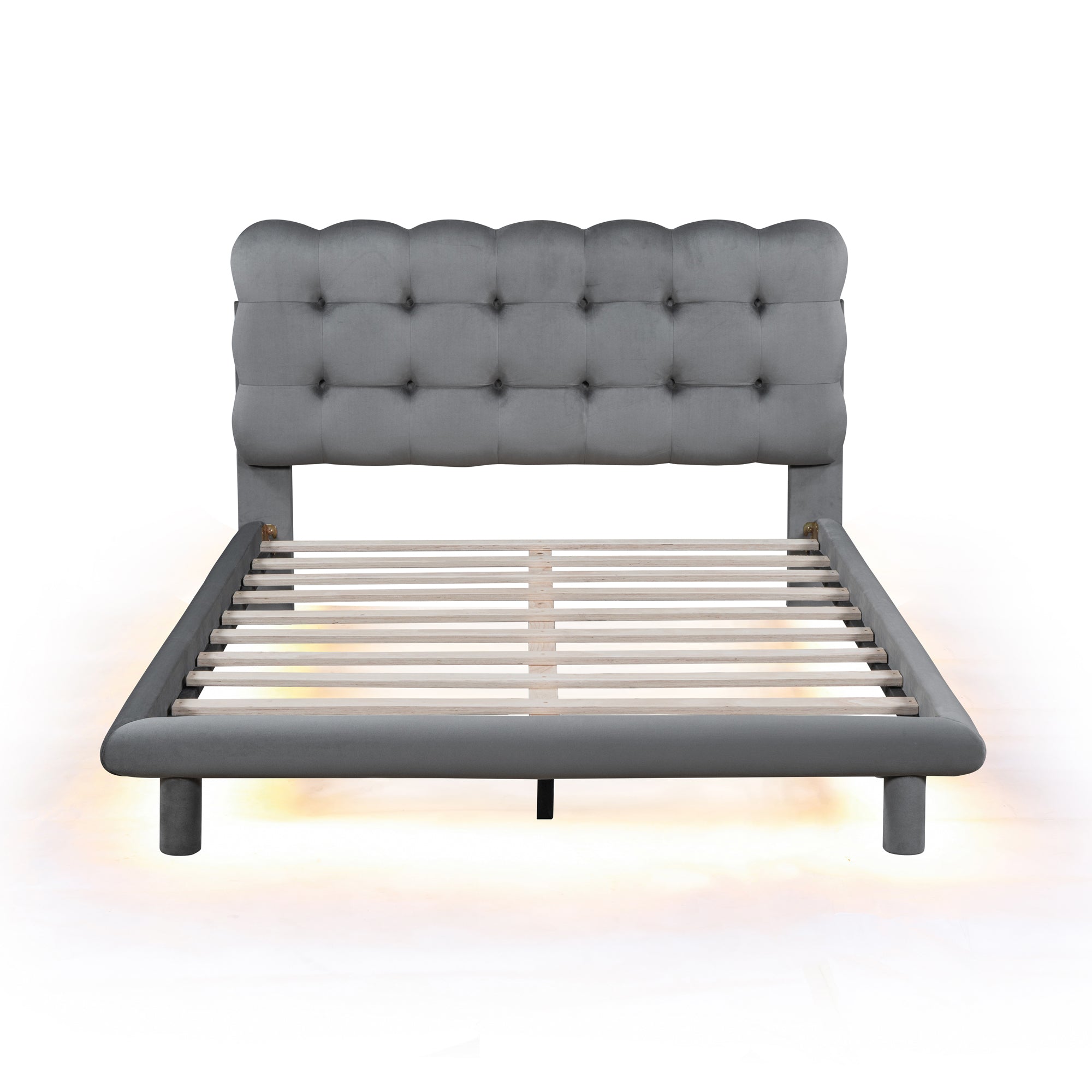 Full Size Velvet Platform Bed with LED Frame, Thick & Soft Fabric and Button-tufted Design Headboard, Gray