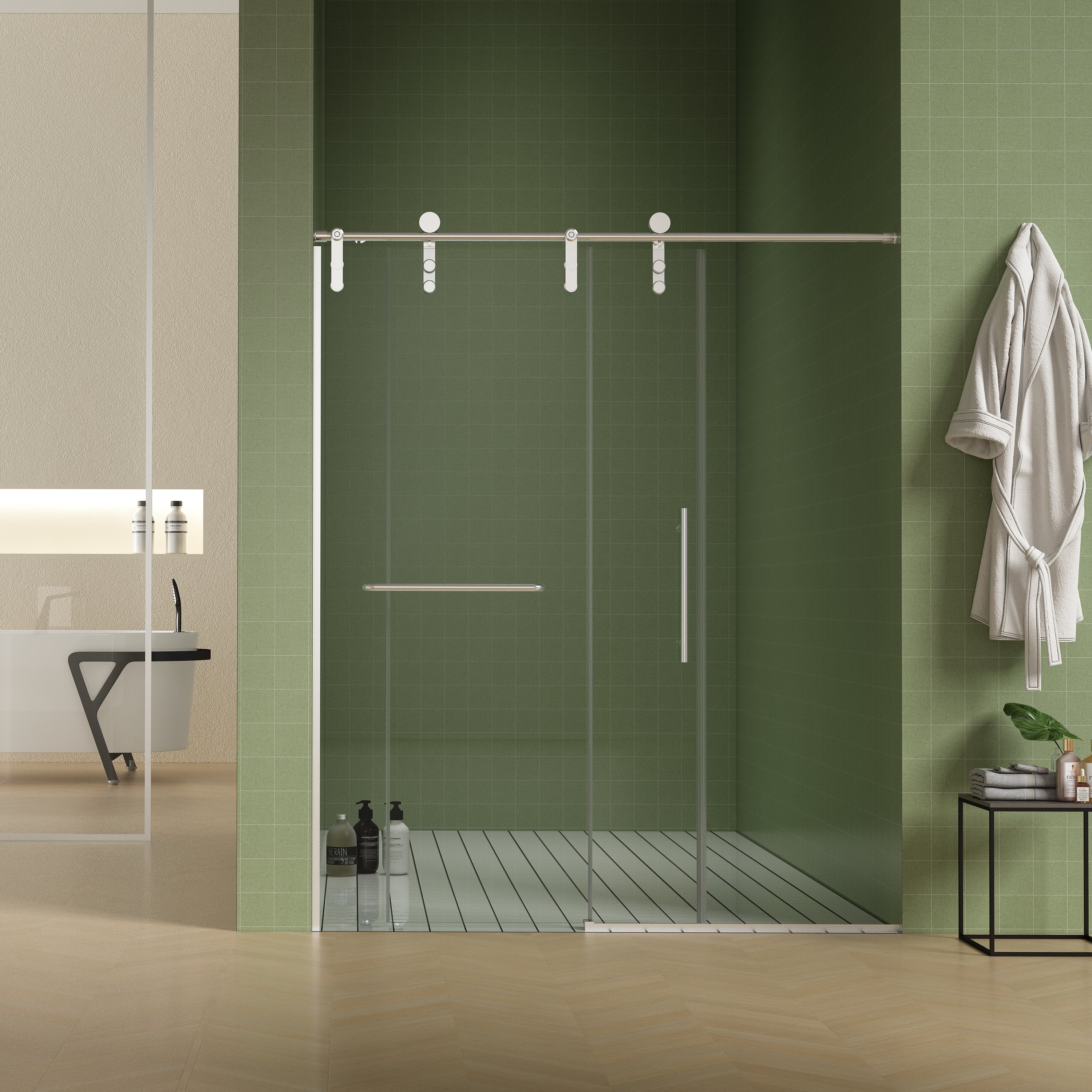 56"-60"W x 76"H Frameless Shower Door, Sliding Shower Door, Premium 5/16"(8mm) Thick Tempered Glass Shower Enclosure with Towel Bar ,Double Side Easy Clean Coat,Brushed Nickel Finished With Buffer