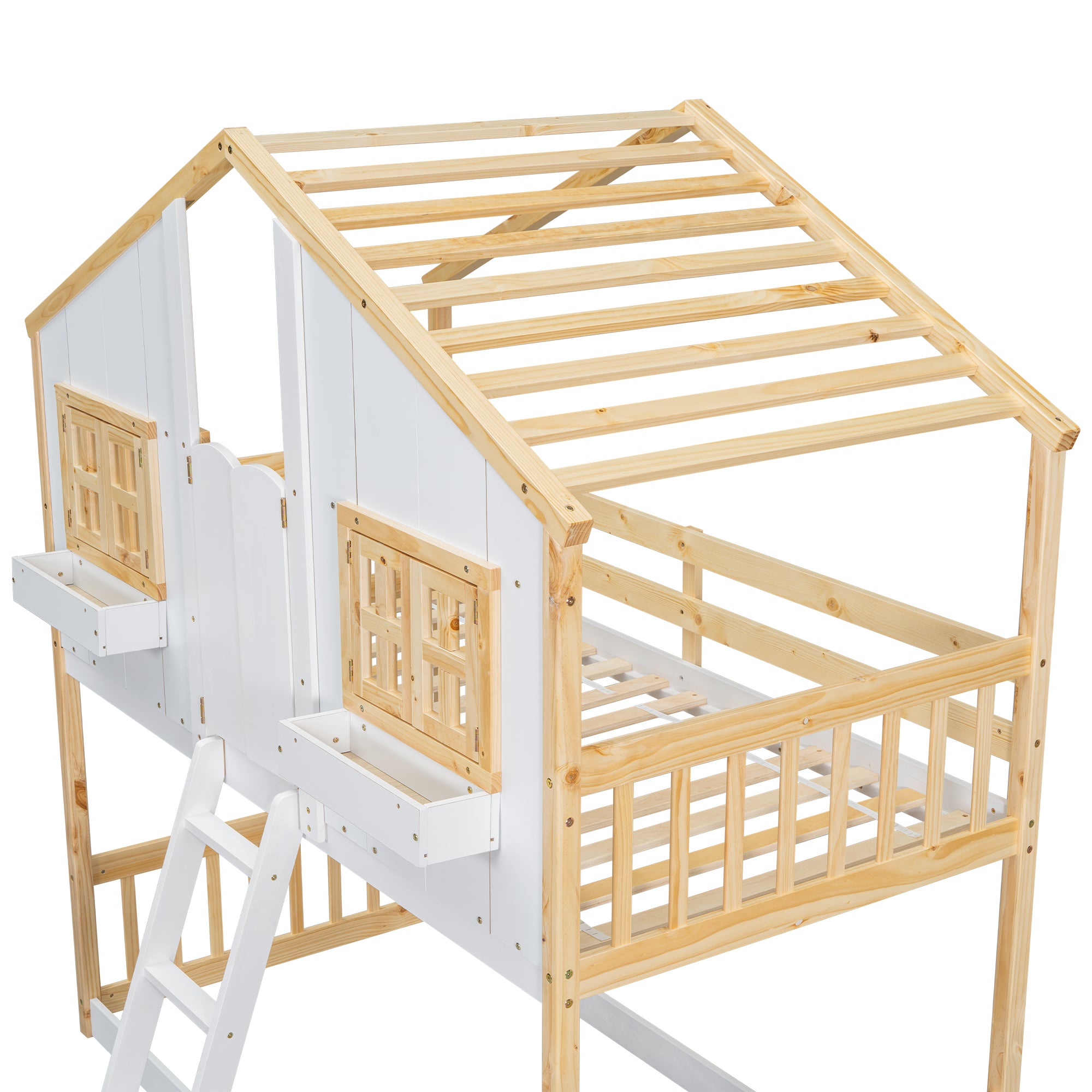 Twin over Twin House Bunk Bed with Roof , Window, Window  Box, Door , with Safety Guardrails and Ladder, Natural/White