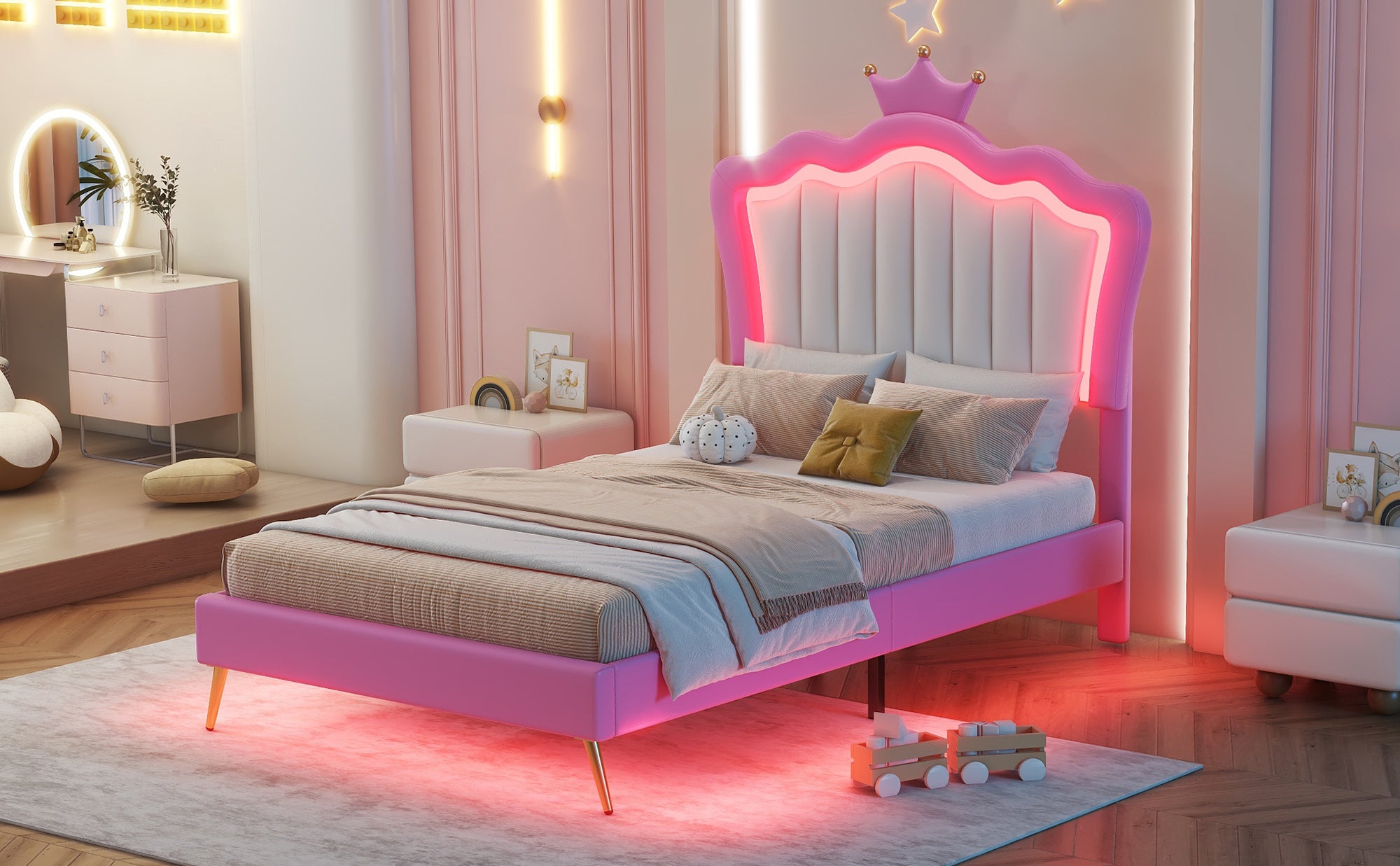 Twin Size Upholstered Bed Frame with LED Lights, Modern Upholstered Princess Bed with Crown Headboard, Pink+White