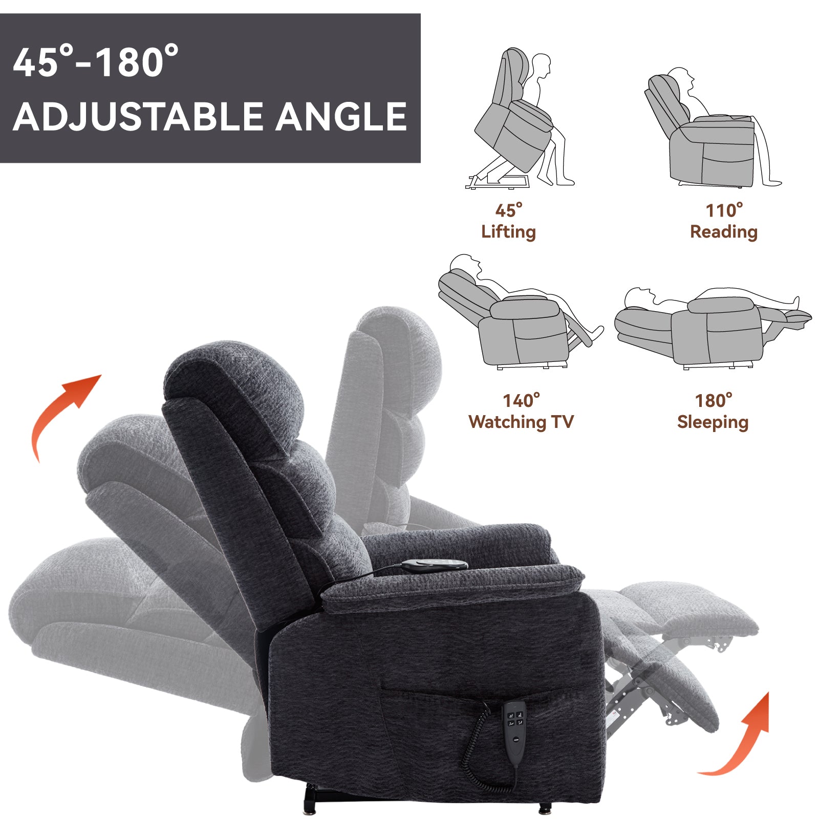 Grey Chenille Dual Motor Infinite Position Up to 350 LBS Power Lift Recliner Chair with Power-Remote, Heat Massage and Heavy Duty Motion Mechanism