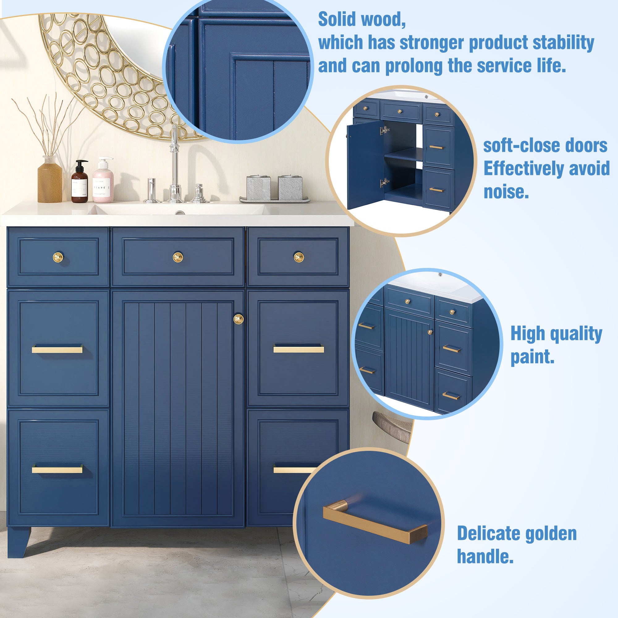 36" Bathroom Vanity Cabinet with Sink Top Combo Set, Navy Blue, Single Sink, Shaker Cabinet with Soft Closing Door and Drawer