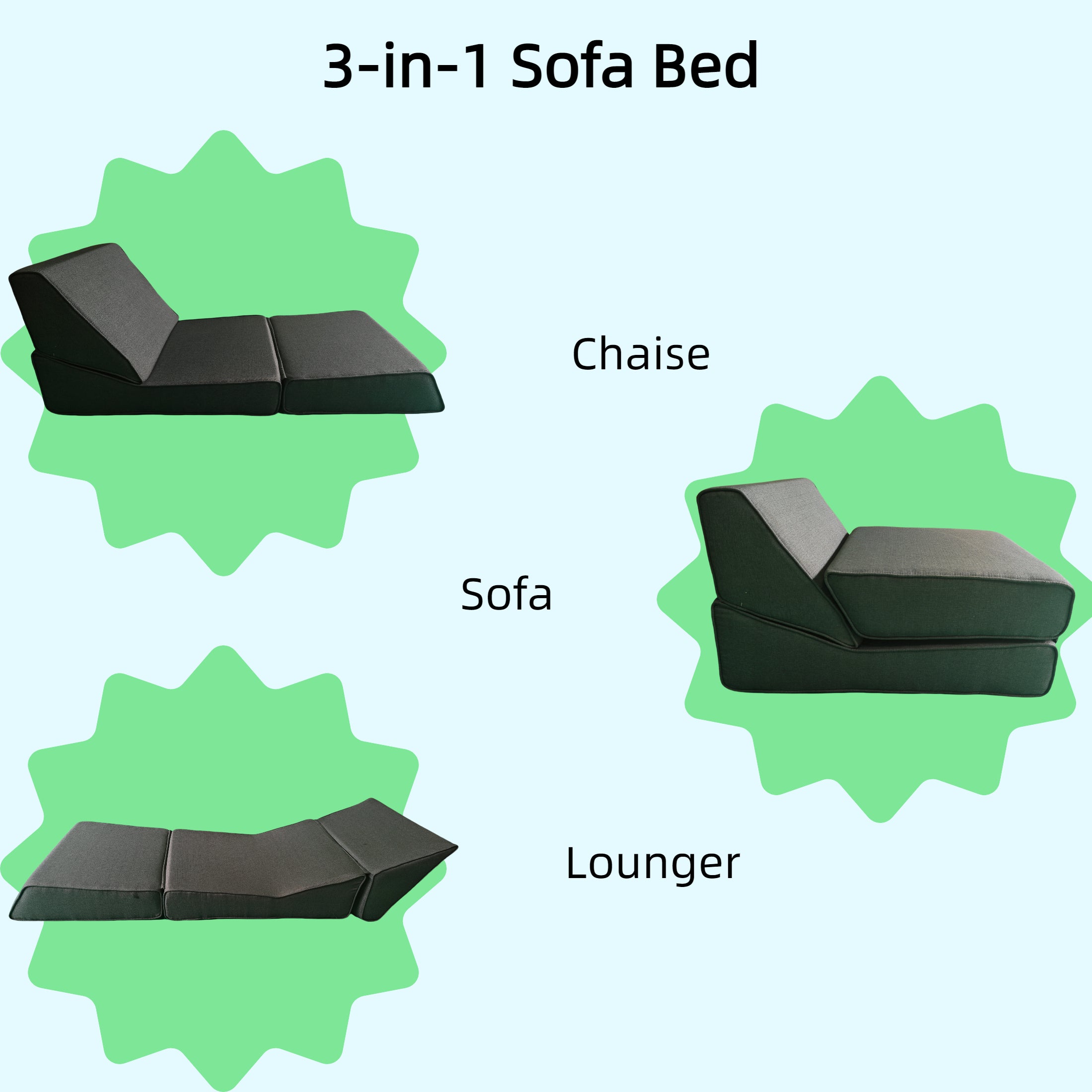 Three in one folding sofa, convertible bed, easy to carry outdoors, suitable for living room, bedroom, lounge, outdoor (Dark Grey)