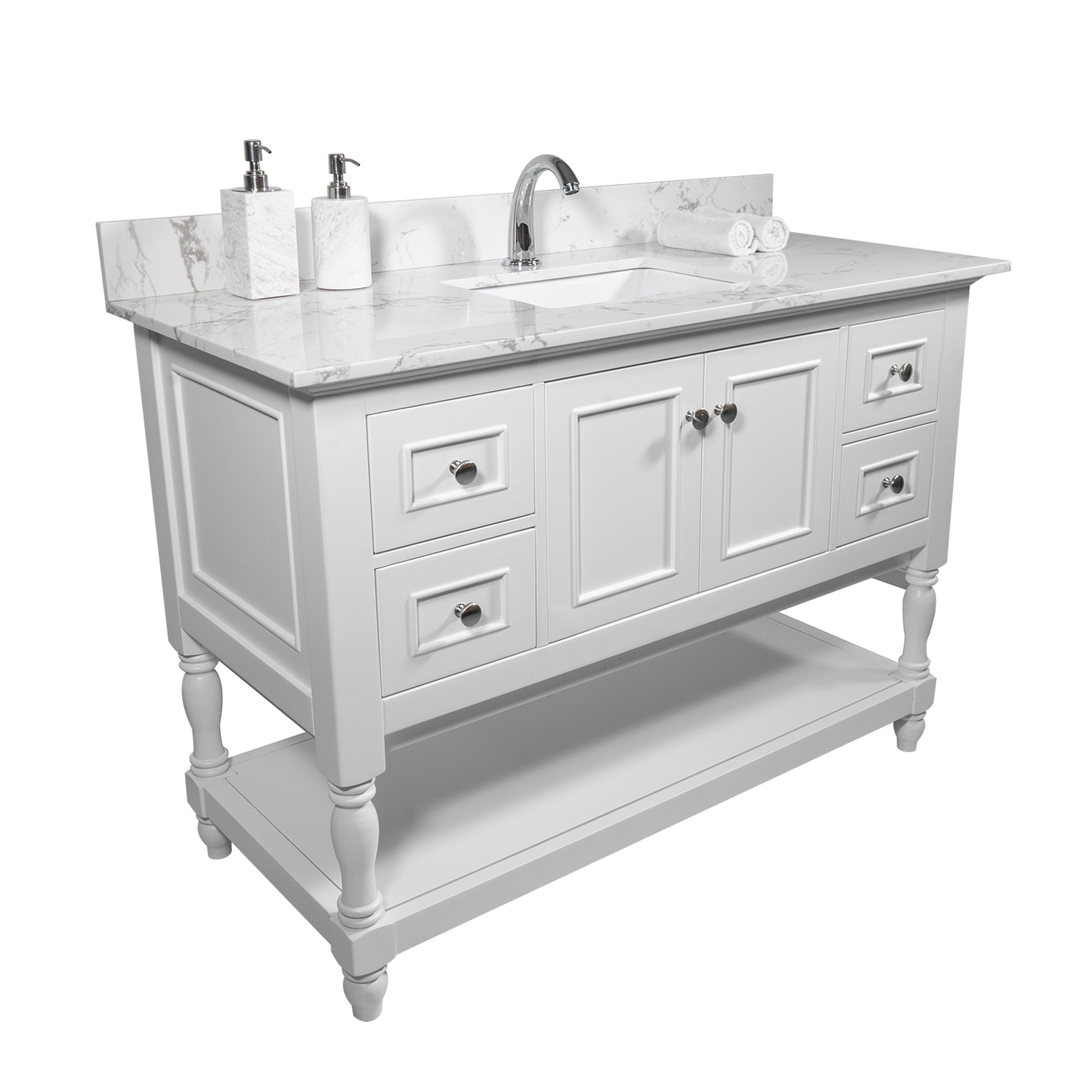 Montary 43x22 inch bathroom stone vanity top  engineered stone carrara white marble color with rectangle undermount ceramic sink and  single faucet hole with back splash .