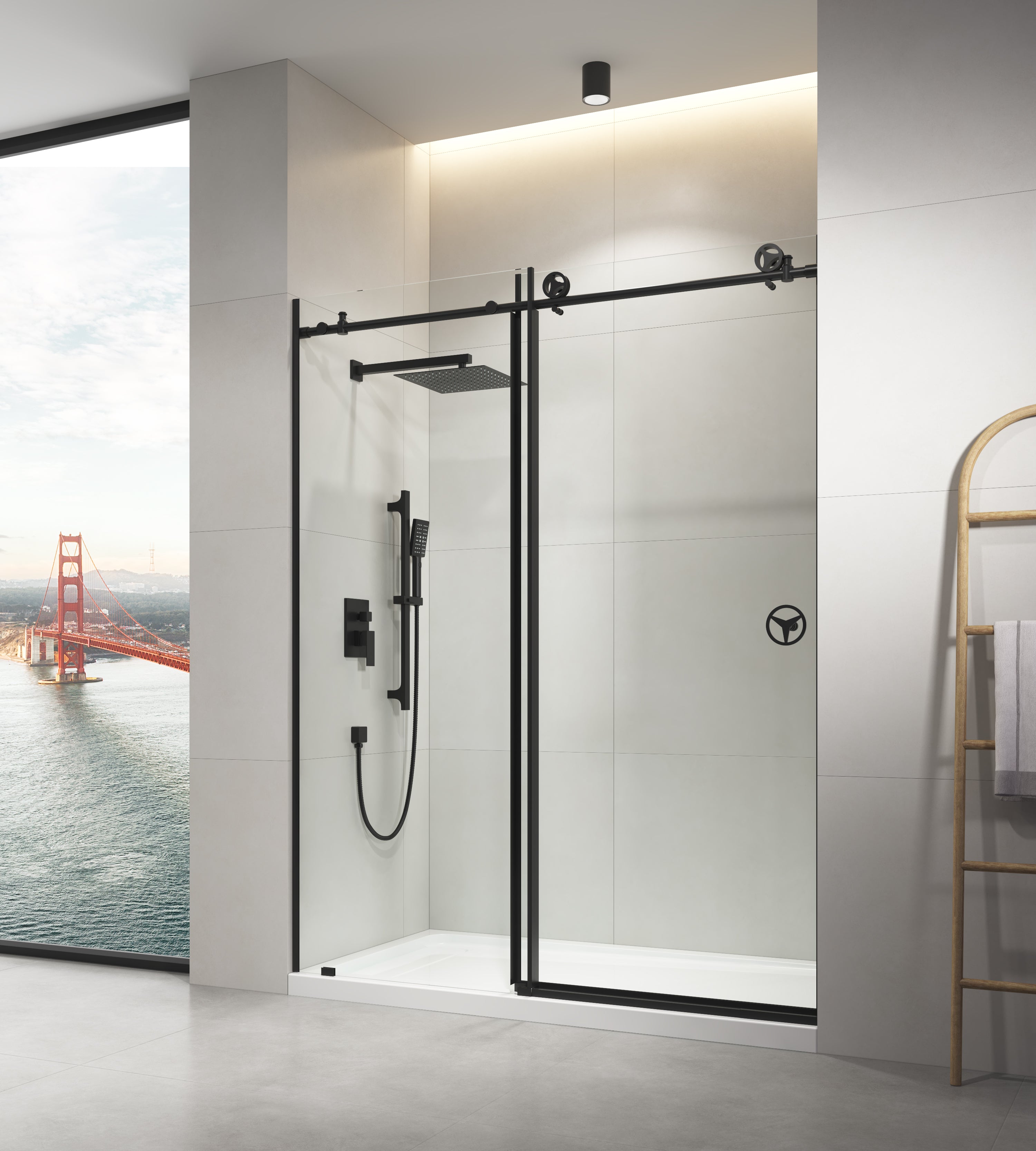 Matte black frameless sliding shower door 60x76 clear glass, angled view