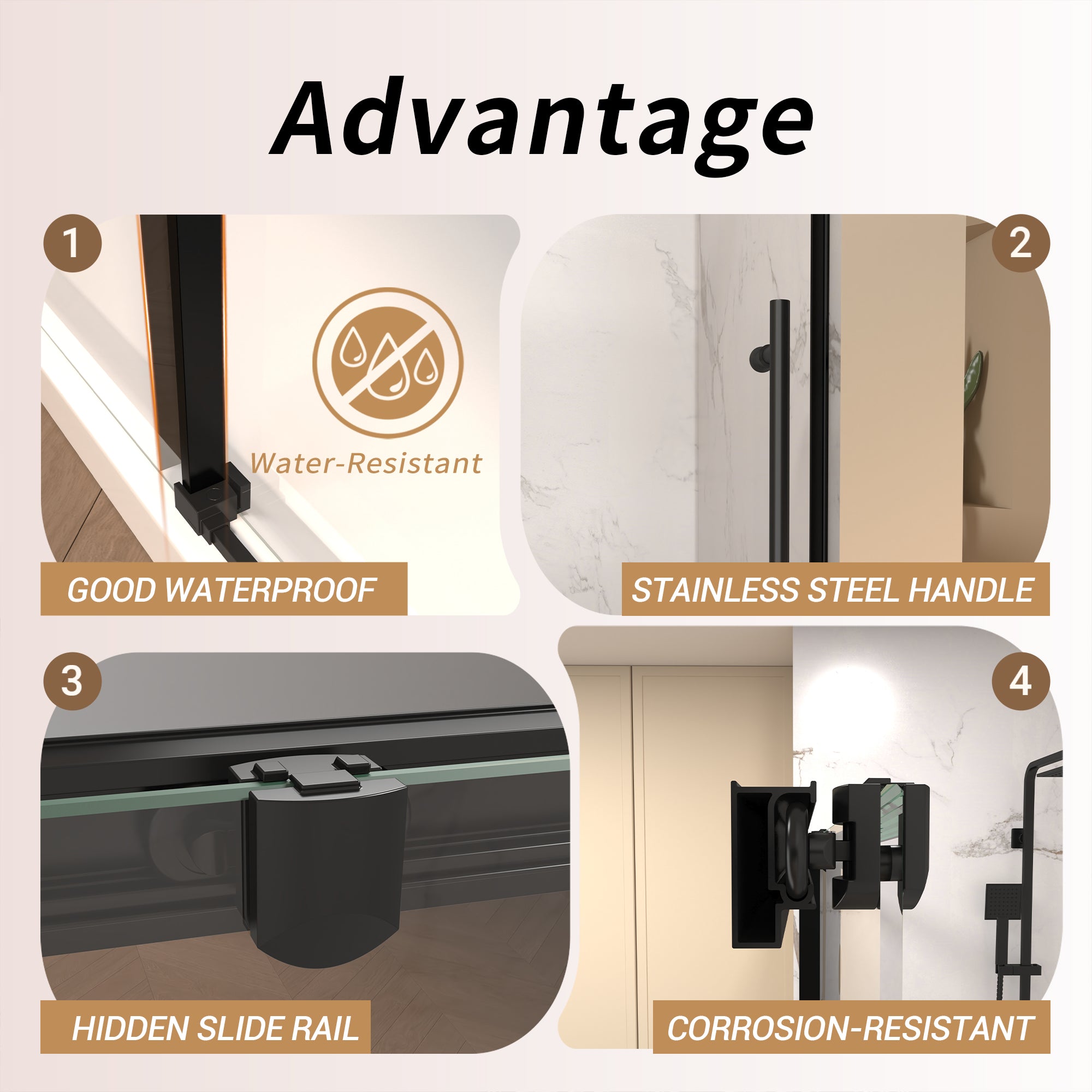 Frameless sliding shower door 60" W x 72" H matte black roller track detail