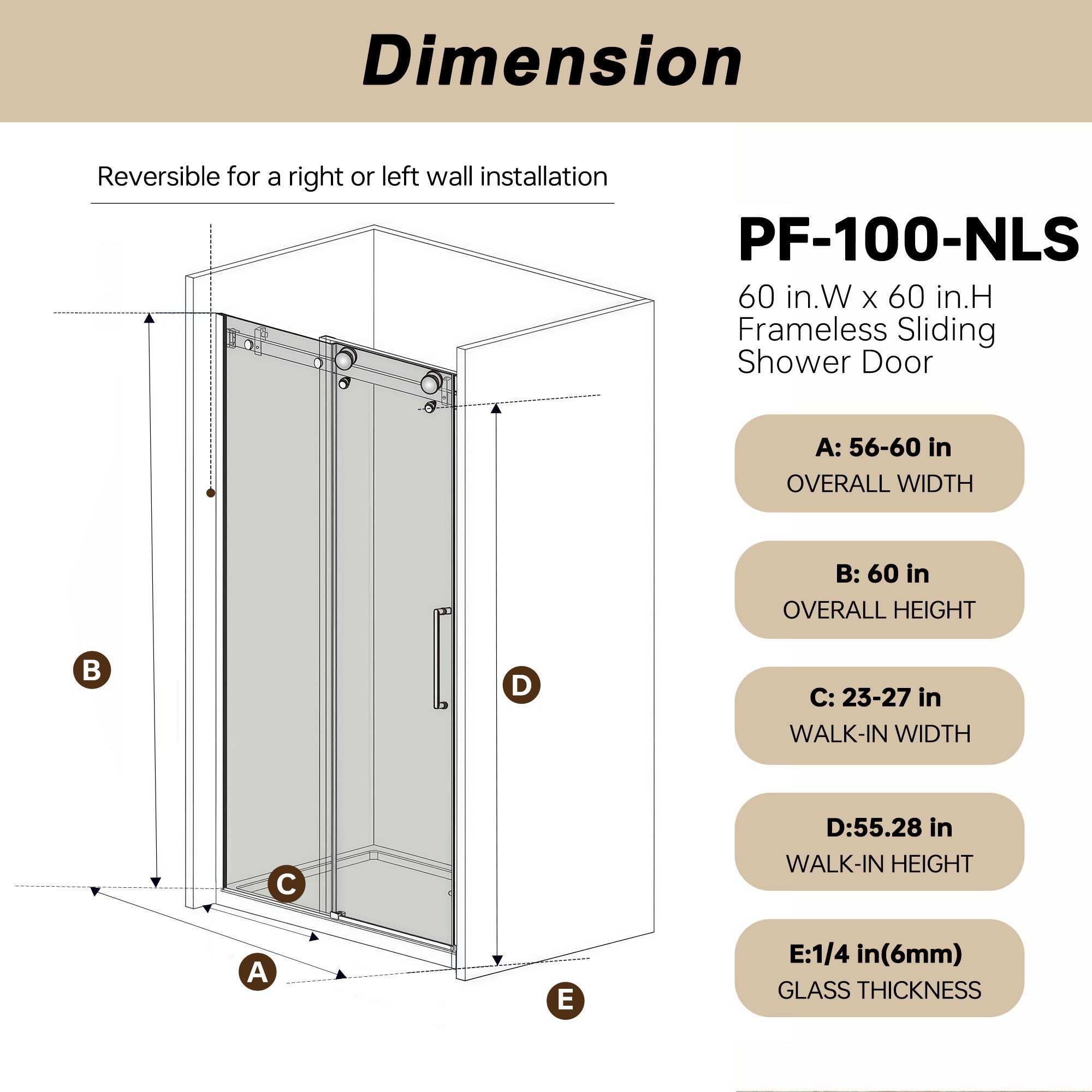 56-60 x 60 in Frameless Single Sliding Square-Tube Tub Door - 56-60 x 60 in / Brushed Nickel / Square Tube view 5