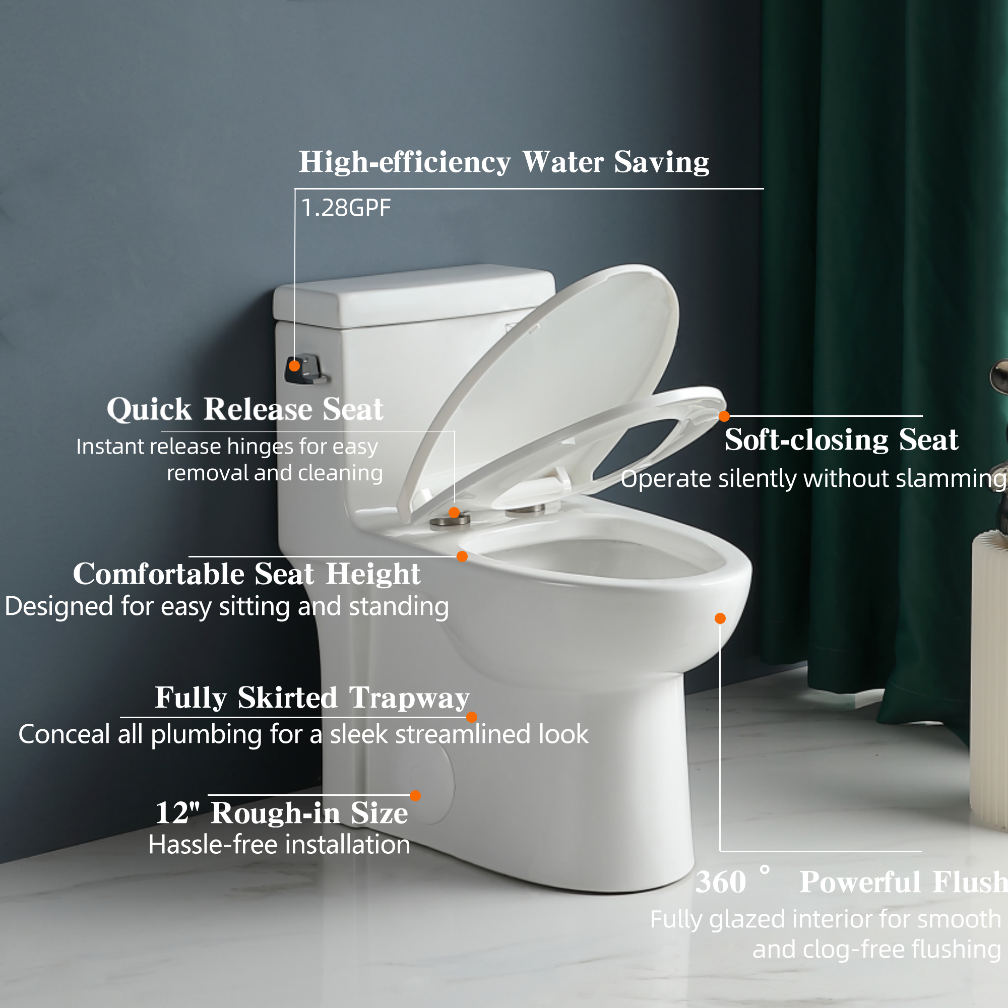 1.28 GPF Single-flush One Piece Toilet, Water-Saving Elongated Comfort Height Floor Mounted, Soft Closing Seat, 1000 Gram Map Flushing Score Toilet, Gloss White 23T03-GW