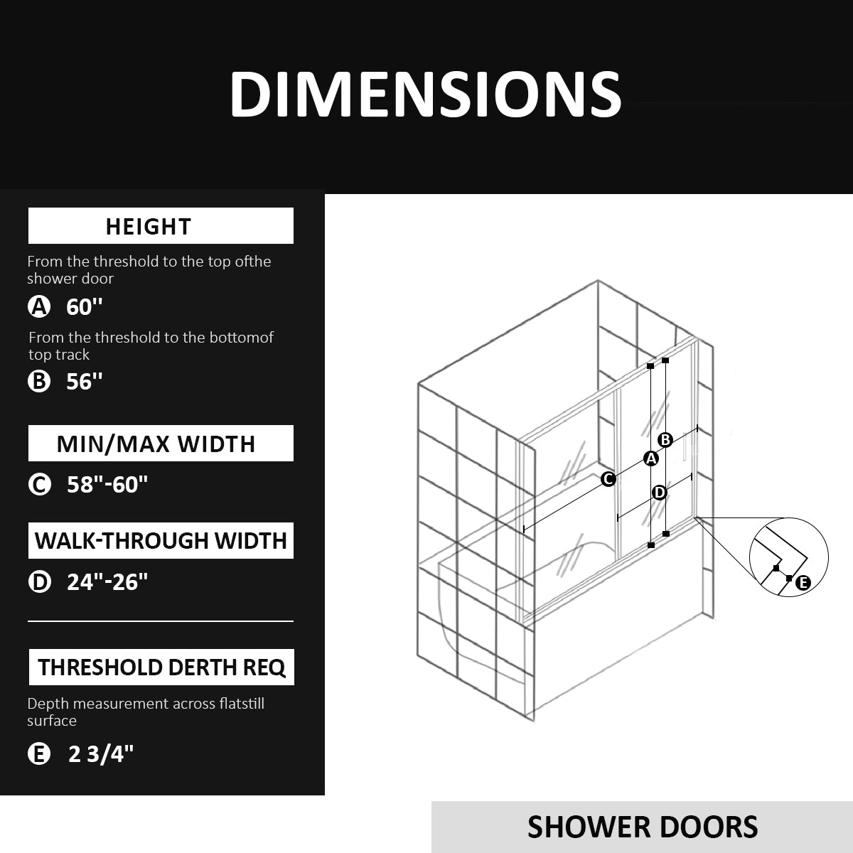 58-60" W x 60" H Frameless Sliding Bathtub Door, Tub Shower Door, Bathtub Glass Door, Bathtub Shower Door, 1/4" (6mm) Certified Clear Tempered Glass, Chrome